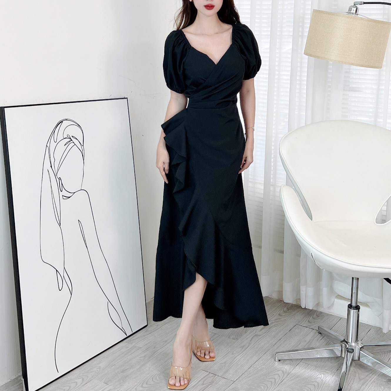 Đầm Maxi Đắp Chéo Viền Bèo Tay Bí 3 Màu Chất Đũi Vân Gỗ Đi Biển MIMIX - EO2