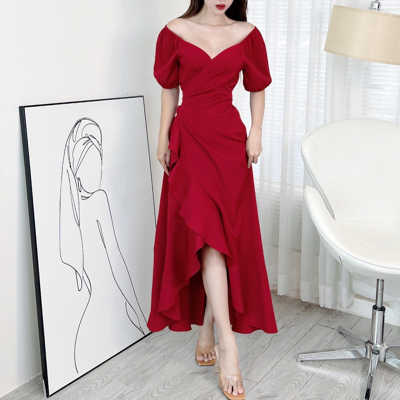 Đầm Maxi Đắp Chéo Viền Bèo Tay Bí 3 Màu Chất Đũi Vân Gỗ Đi Biển MIMIX - EO2