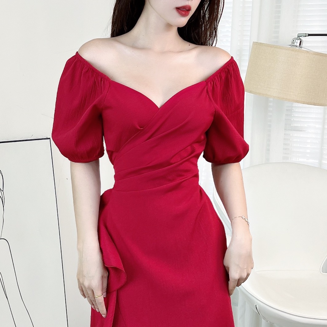 Đầm Maxi Đắp Chéo Viền Bèo Tay Bí 3 Màu Chất Đũi Vân Gỗ Đi Biển MIMIX - EO2