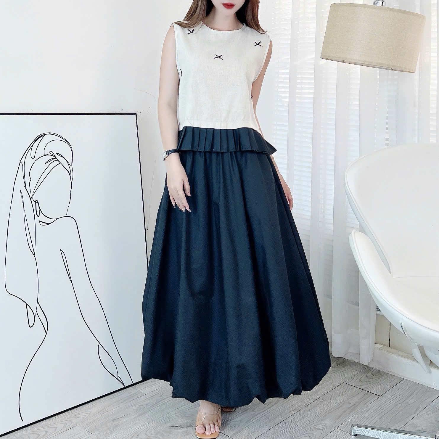 Set Váy Nữ Áo Sát Nách Đính Nơ Mix Chân Váy Bí Dáng Dài Xòe MIMIX Đi Biển - ER2