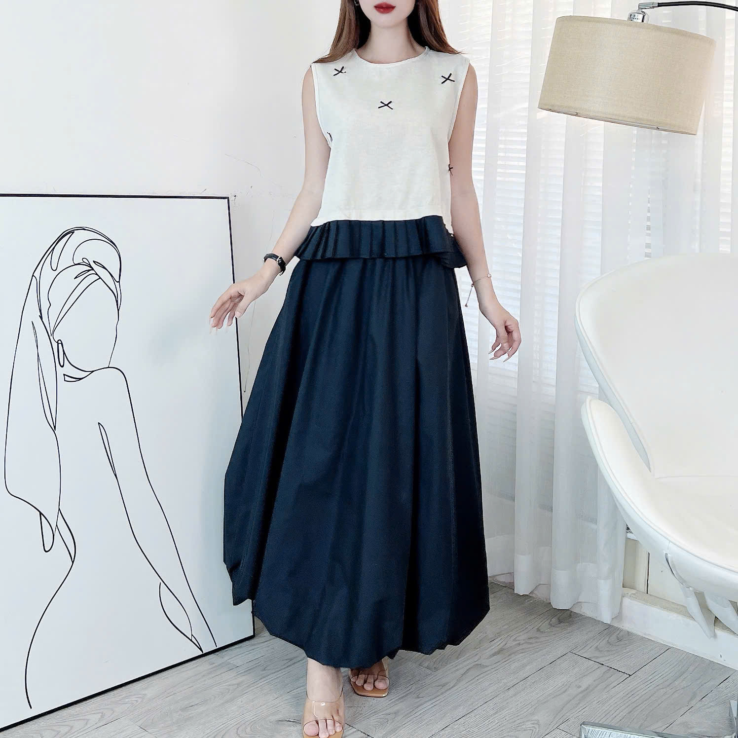 Set Váy Nữ Áo Sát Nách Đính Nơ Mix Chân Váy Bí Dáng Dài Xòe MIMIX Đi Biển - ER2