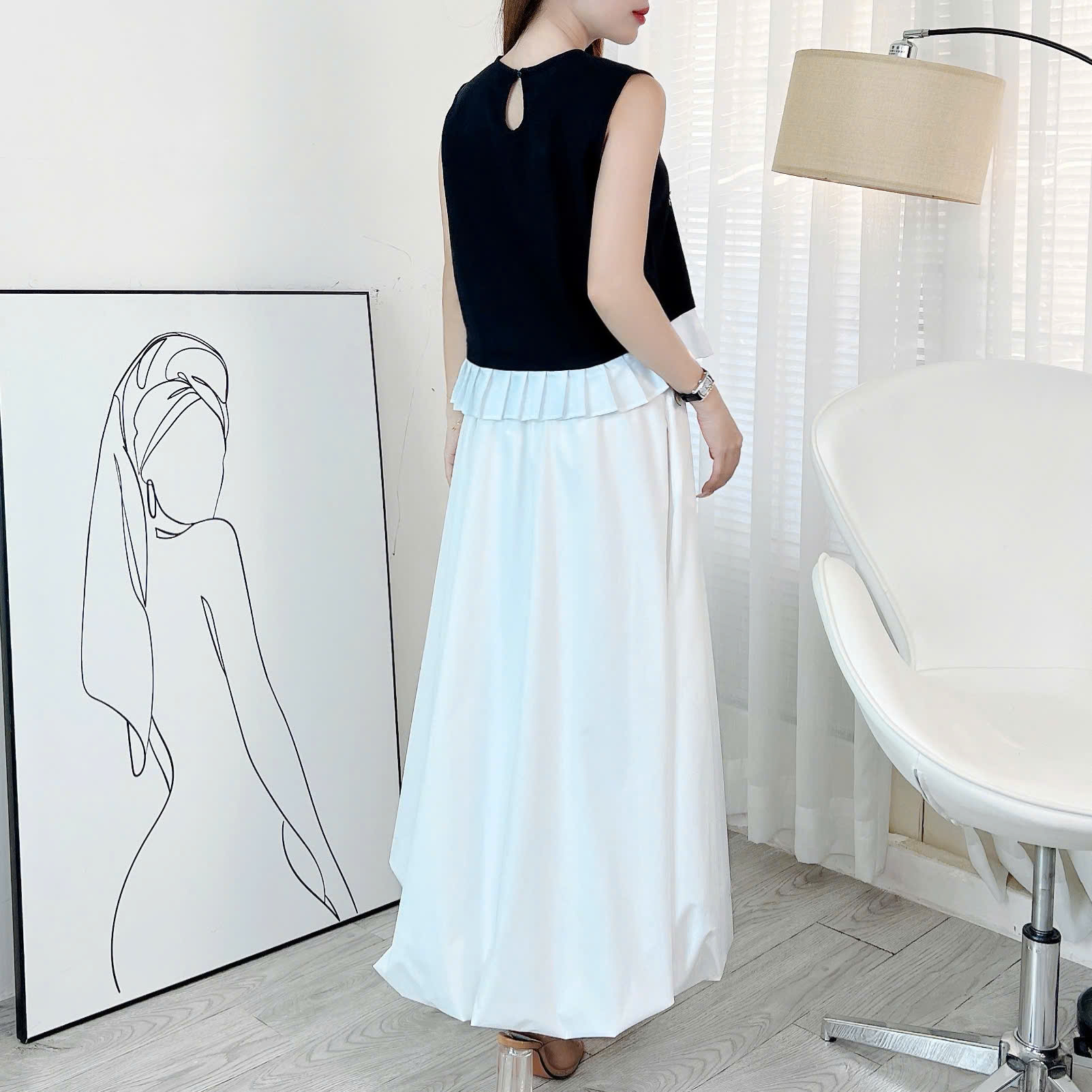 Set Váy Nữ Áo Sát Nách Đính Nơ Mix Chân Váy Bí Dáng Dài Xòe MIMIX Đi Biển - ER2