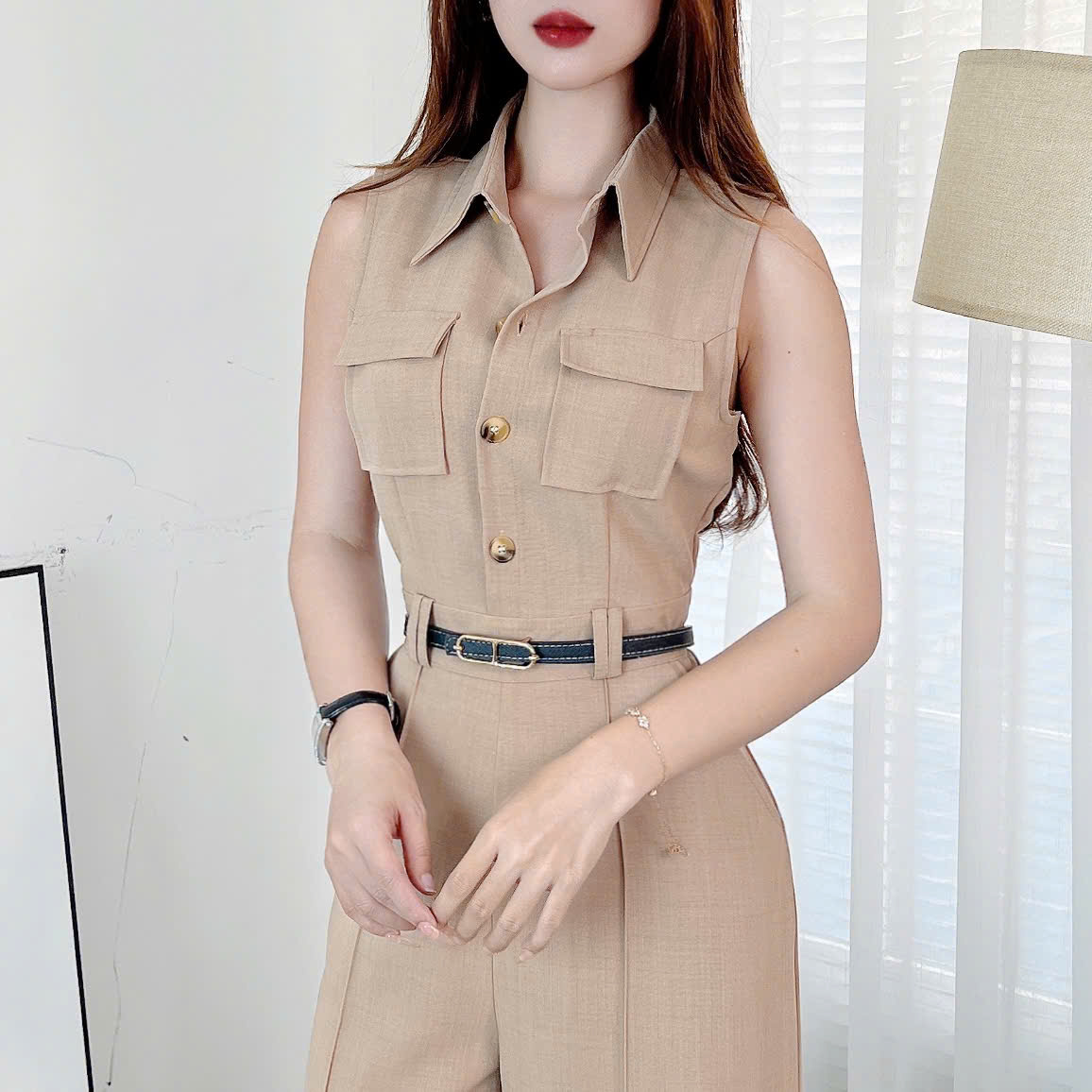 Jumpsuit Trơn Cổ Sơ Mi Phối Túi Hộp Khóa Kéo Lưng Chất Cotton Mền Đi Tiệc Đi Làm MIMIX - ER0