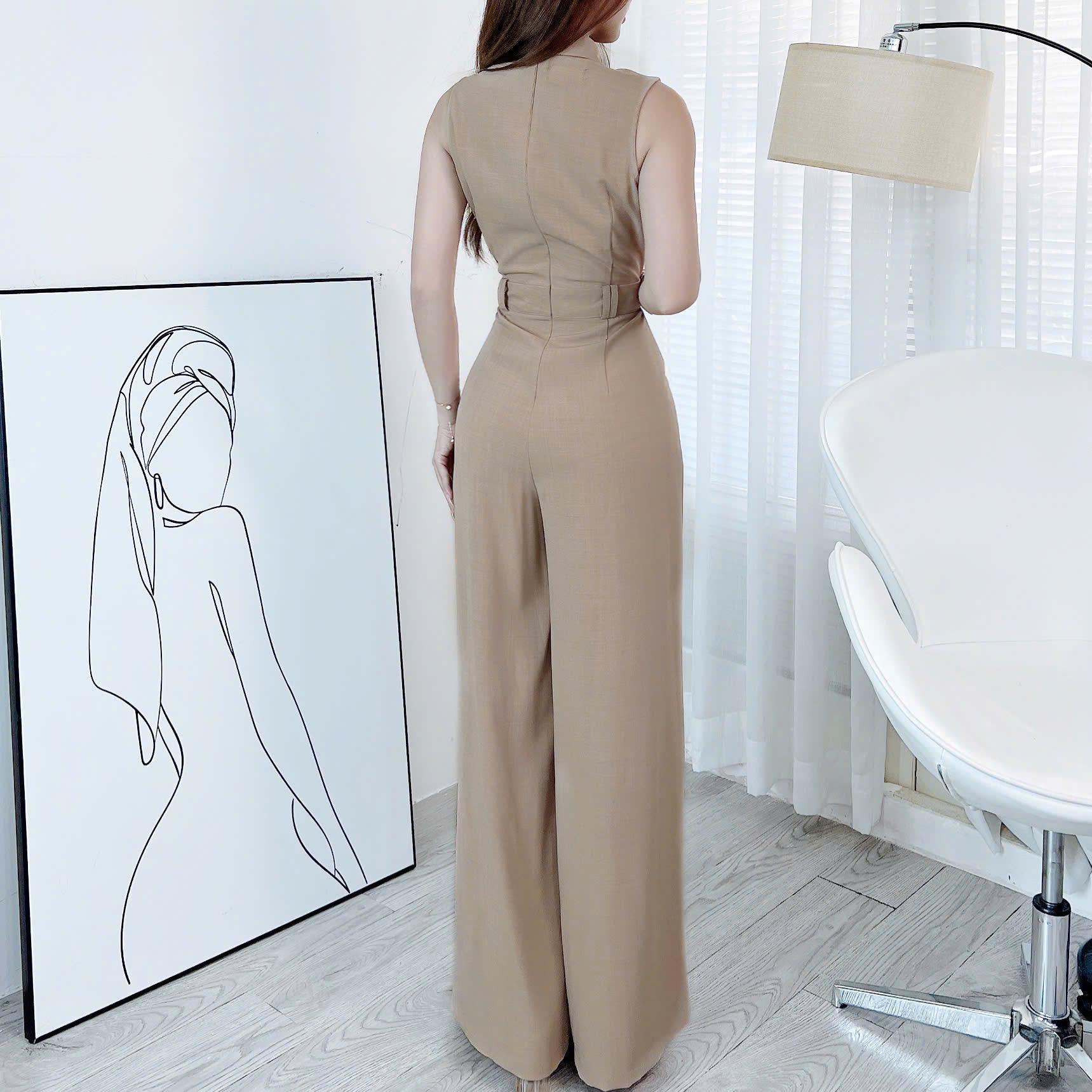 Jumpsuit Trơn Cổ Sơ Mi Phối Túi Hộp Khóa Kéo Lưng Chất Cotton Mền Đi Tiệc Đi Làm MIMIX - ER0