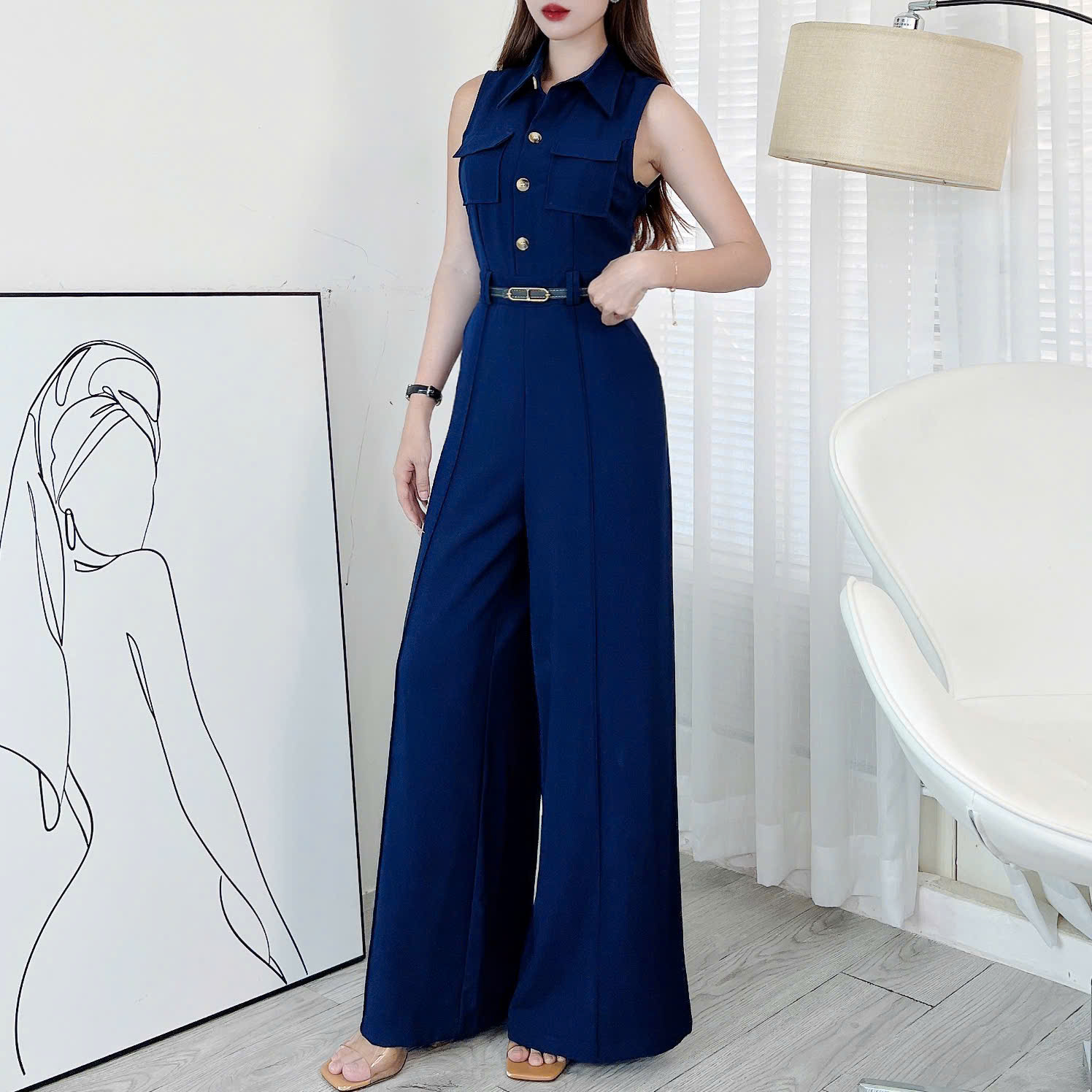 Jumpsuit Trơn Cổ Sơ Mi Phối Túi Hộp Khóa Kéo Lưng Chất Cotton Mền Đi Tiệc Đi Làm MIMIX - ER0