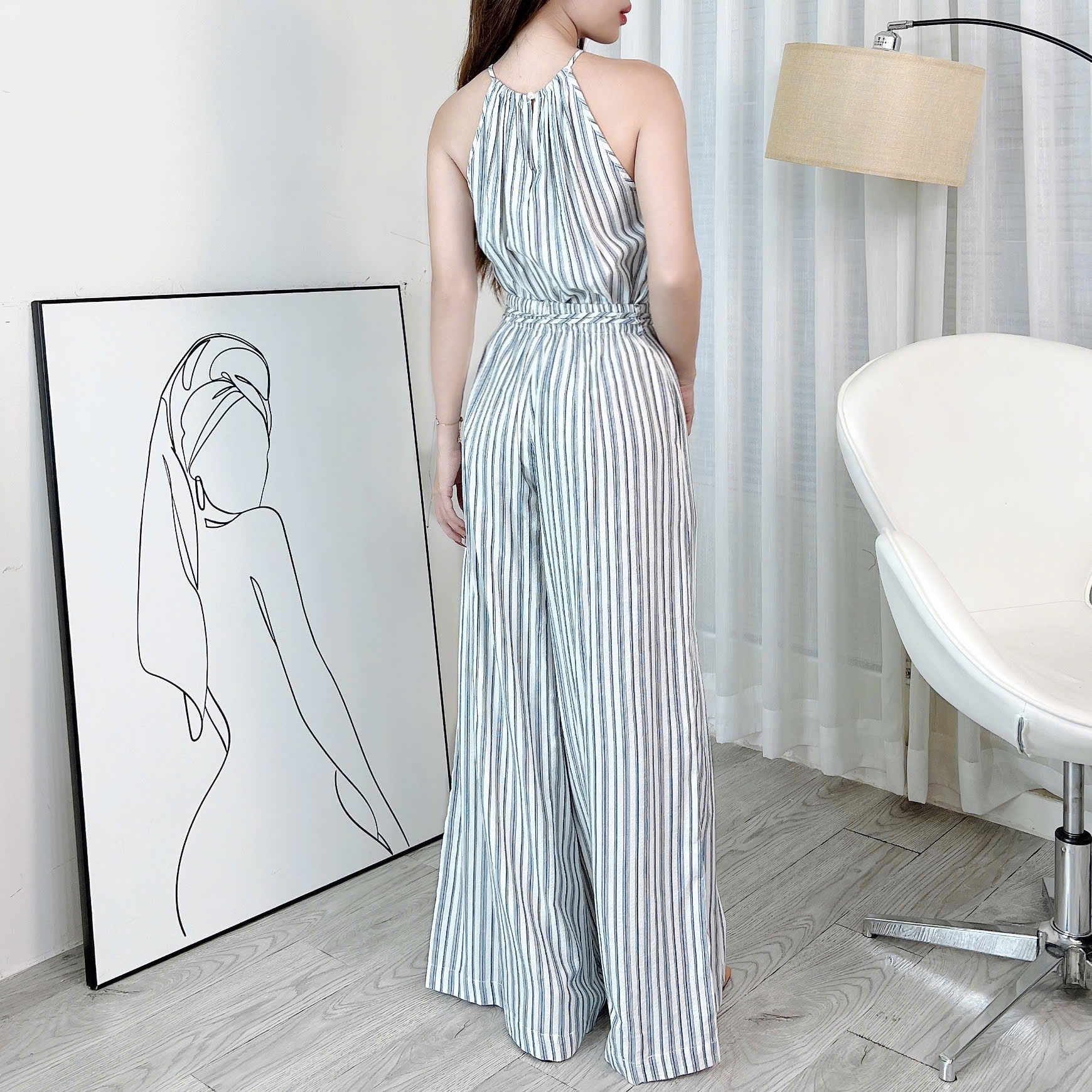 Set Yếm Sọc  Áo Form Yếm Kèm Quần Dáng Dài Chất Linen Kẻ Đi Du Lịch MIMIX - EJ7