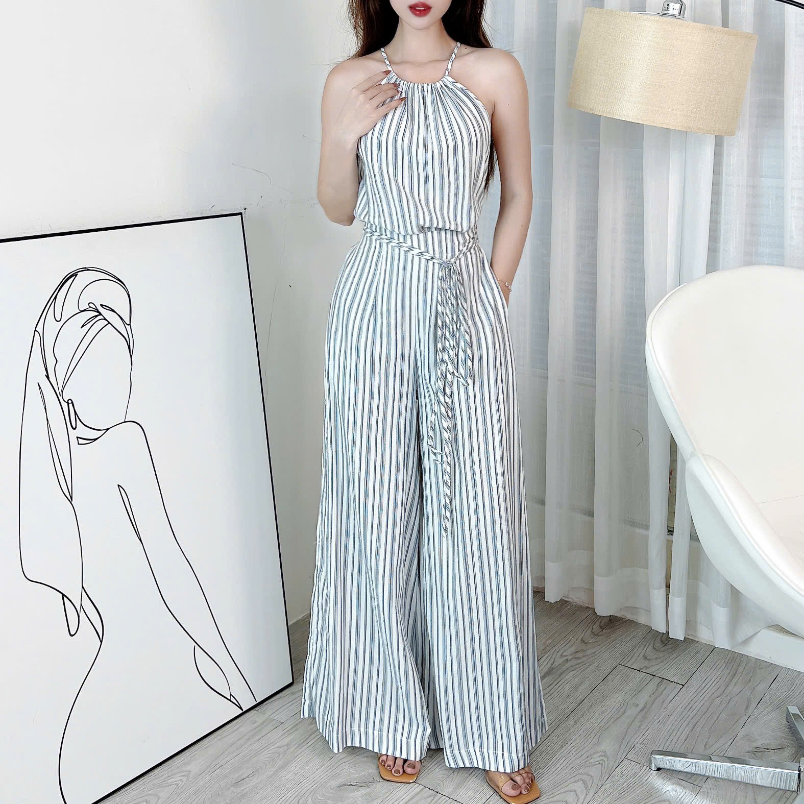 Set Yếm Sọc  Áo Form Yếm Kèm Quần Dáng Dài Chất Linen Kẻ Đi Du Lịch MIMIX - EJ7