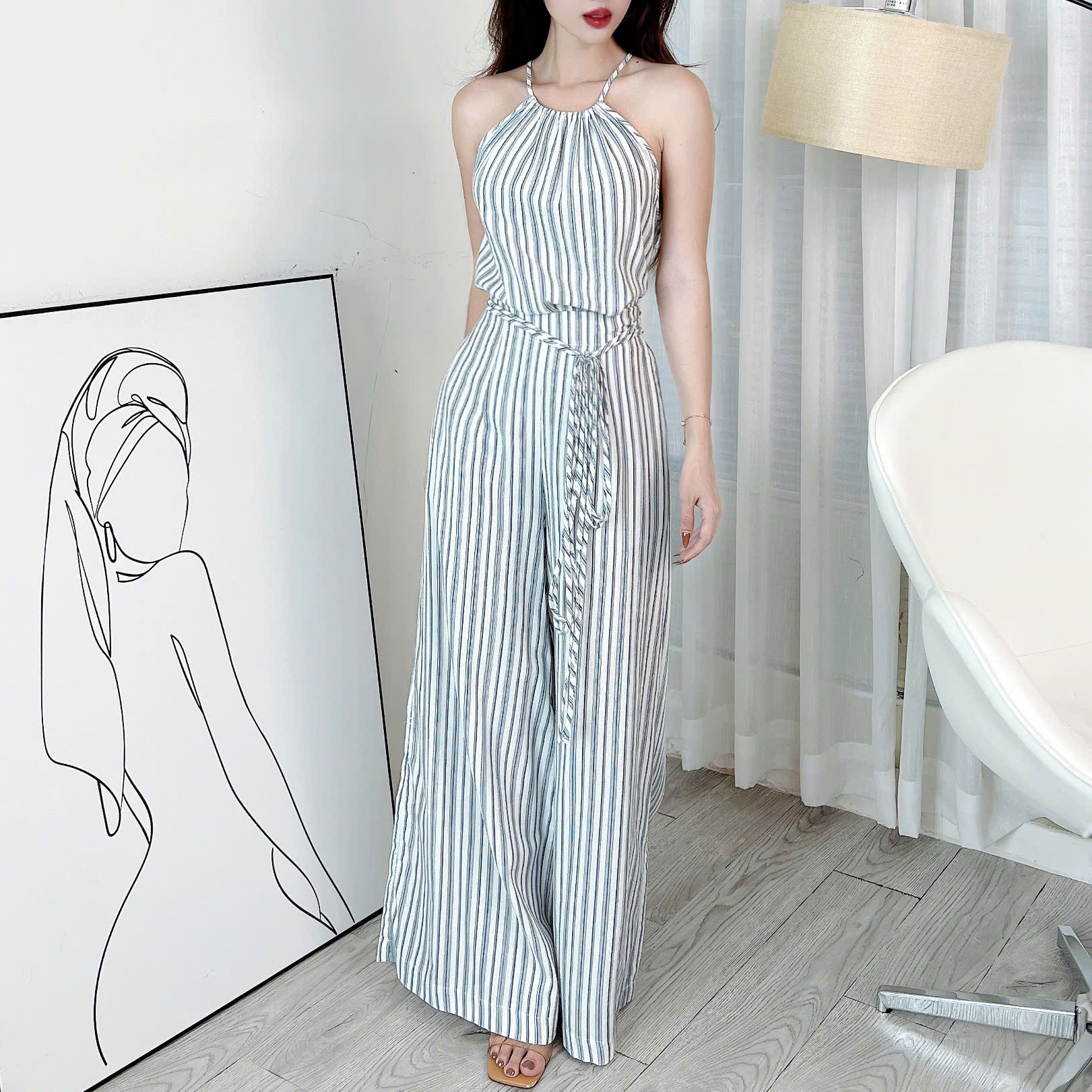 Set Yếm Sọc  Áo Form Yếm Kèm Quần Dáng Dài Chất Linen Kẻ Đi Du Lịch MIMIX - EJ7