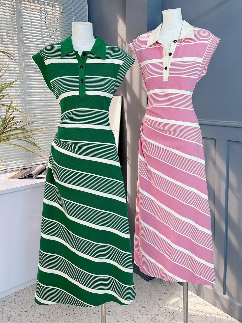 Đầm Polo Sọc Cổ Sơ Mi Tay Ngắn Phối Nhún Eo Chất Thun QC Đi Tiệc MIMIX - EM7