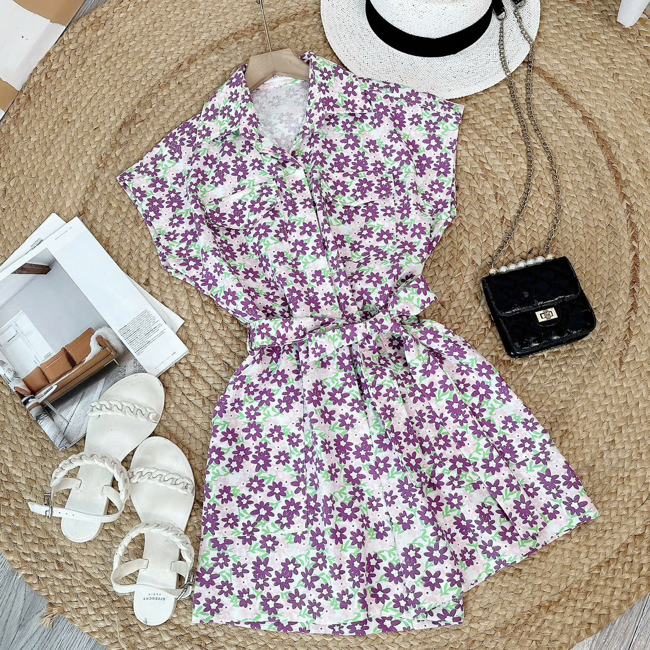 Jumpsuit Short Hoa Phối Túi Hộp Chất Linen Bột Đi Du Lịch MIMIX - ES5