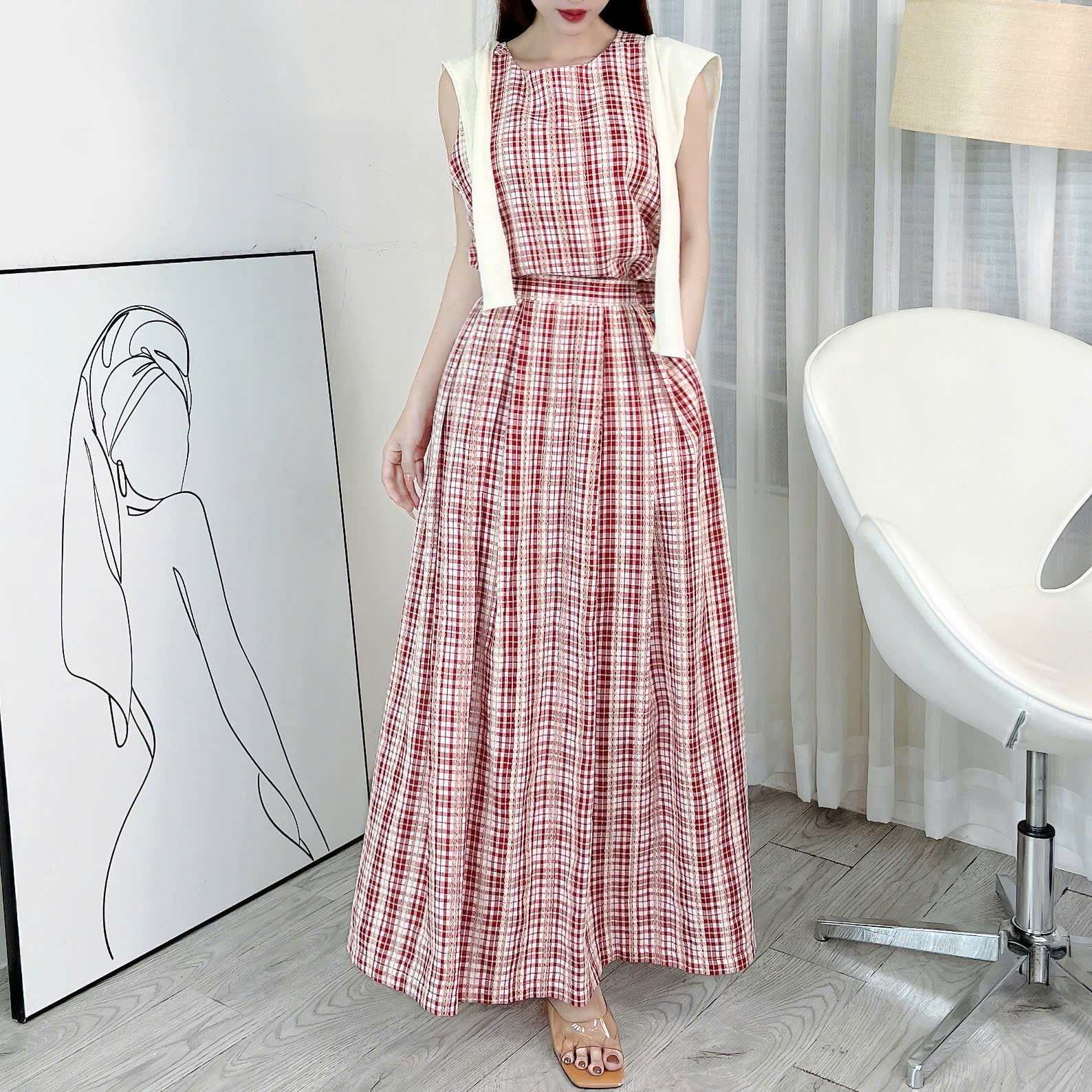 Set Váy Nữ Áo Caro Phối Khăn Choàng Cổ Mix Chân Váy Xếp Ly Dáng Dài Đi Du Lịch MIMIX - ES3