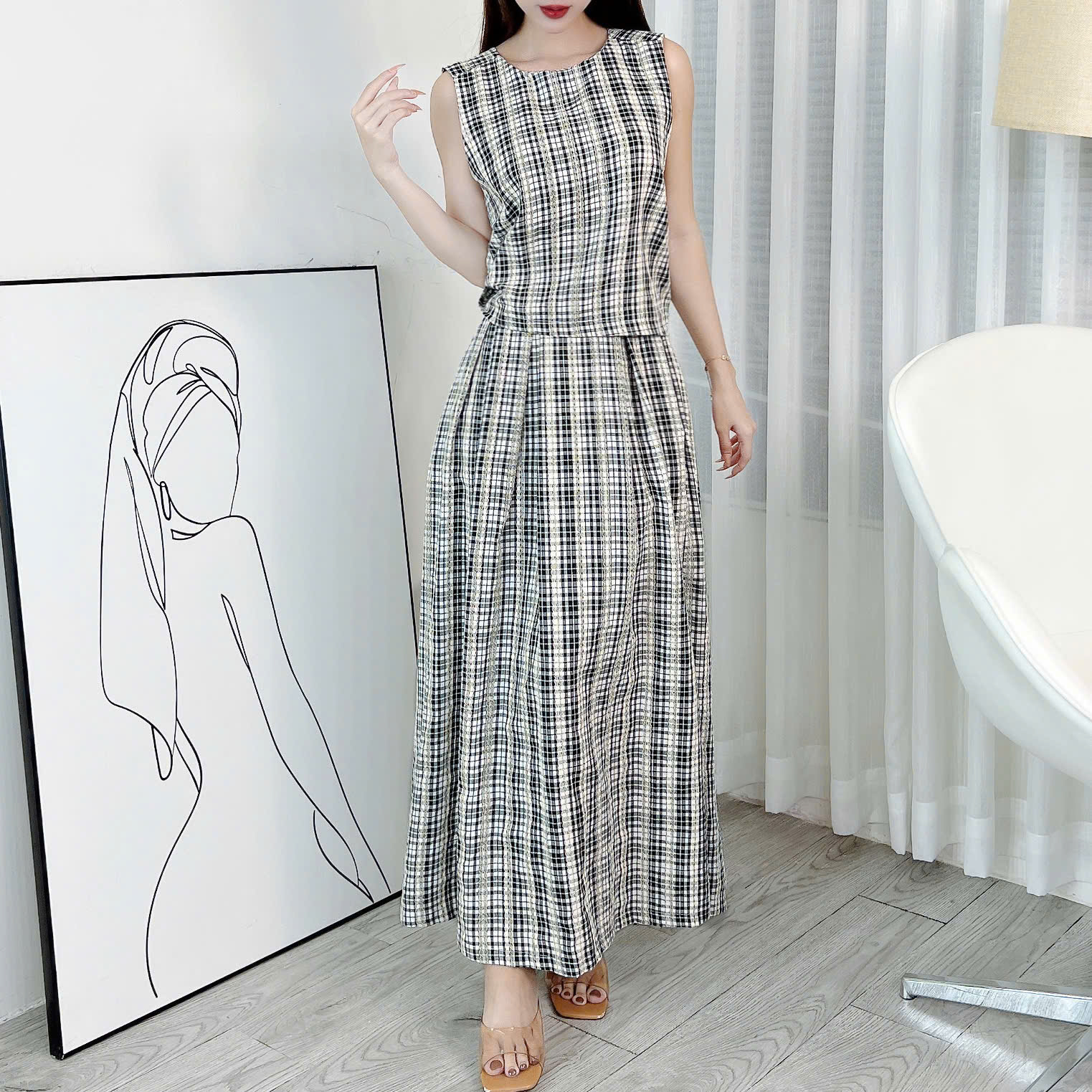 Set Váy Nữ Áo Caro Phối Khăn Choàng Cổ Mix Chân Váy Xếp Ly Dáng Dài Đi Du Lịch MIMIX - ES3