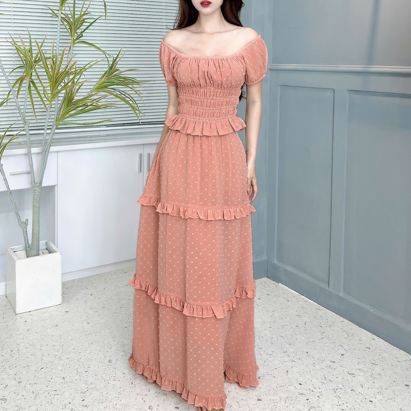 Set Váy Nữ Áo Smocking Mix Chân Váy Tầng Dáng Dài Xòe Chất Tơ Bông Tuyết Đi Biển MIMIX - EZ4