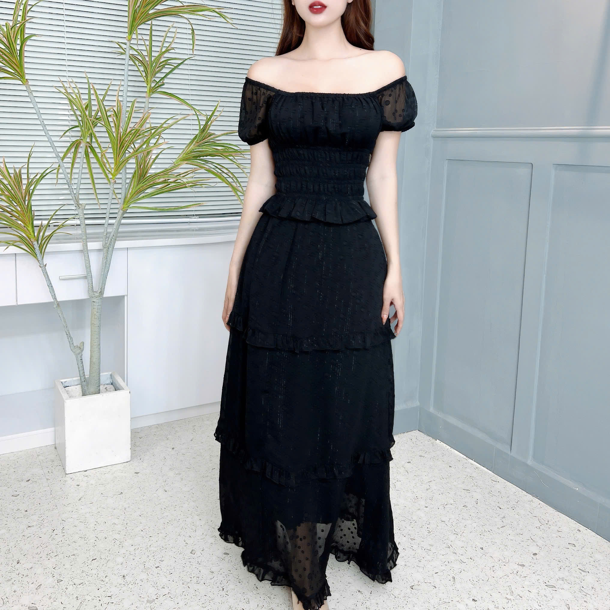 Set Váy Nữ Áo Smocking Mix Chân Váy Tầng Dáng Dài Xòe Chất Tơ Bông Tuyết Đi Biển MIMIX - EZ4
