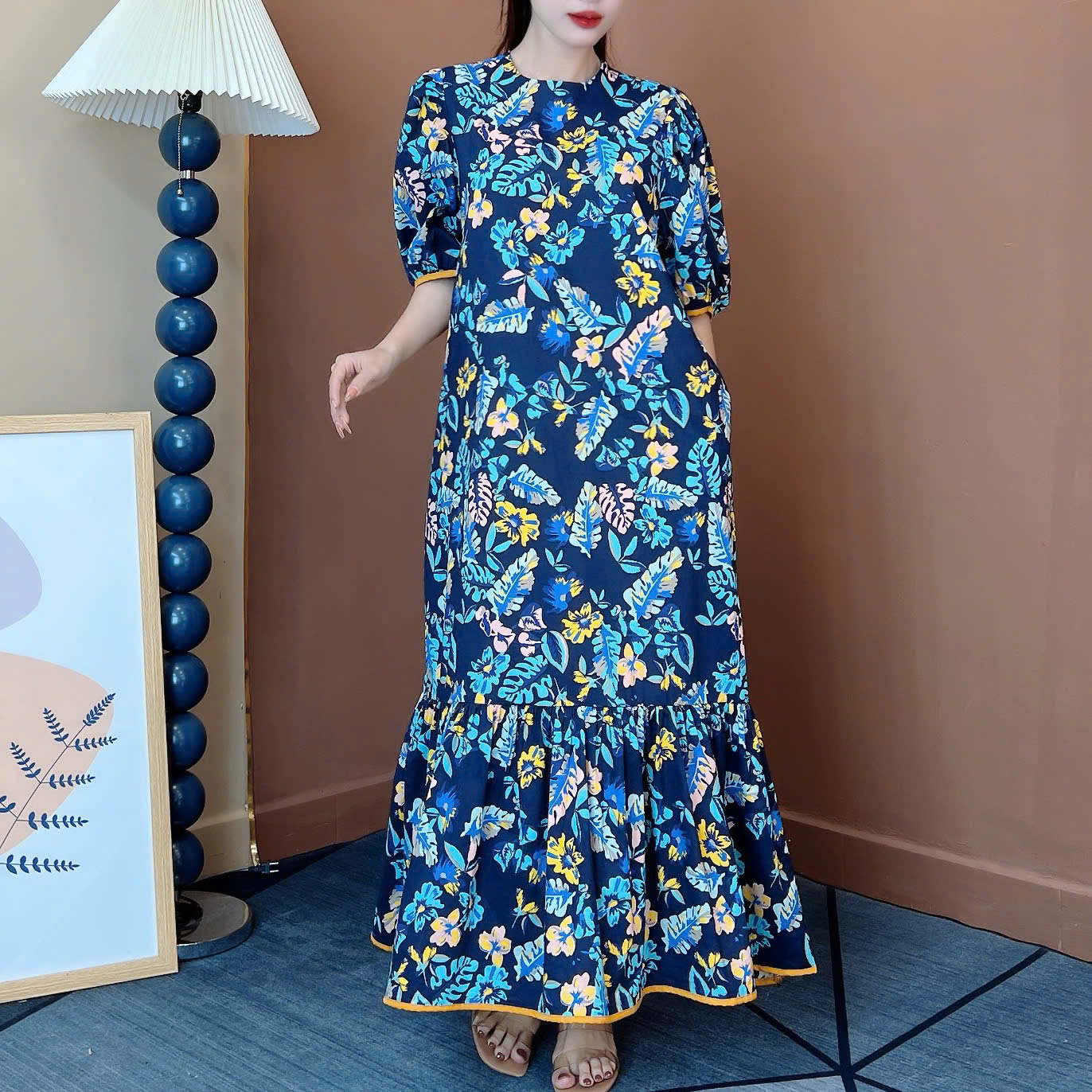 Váy Maxi Baby Doll Cổ Tròn Tay Ngắn Họa Tiết In Hoa Tay Ngắn Chất Boi In Hoa Lót Lụa Đi Biển MIMIX - ES8
