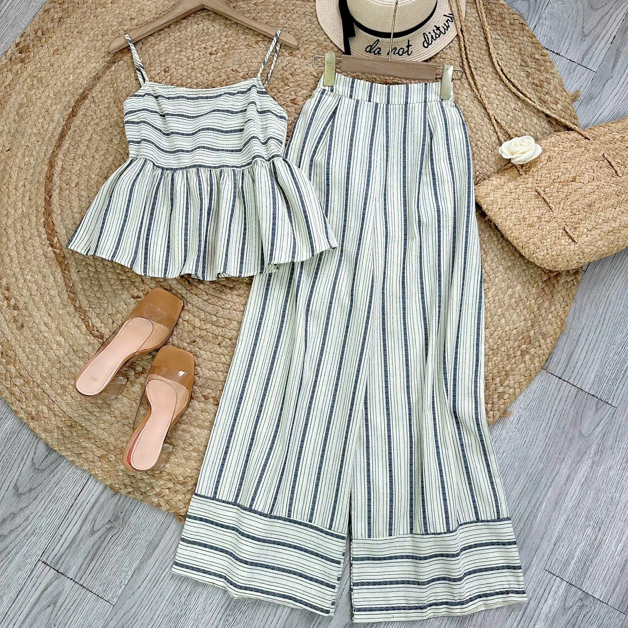 Set Baby Doll Nữ Áo 2 Dây Kèm Quần Ống Suông Dài Chất Cotton Sọc Thổ Cẩm Đi Du Lịch MIMIX - EO3