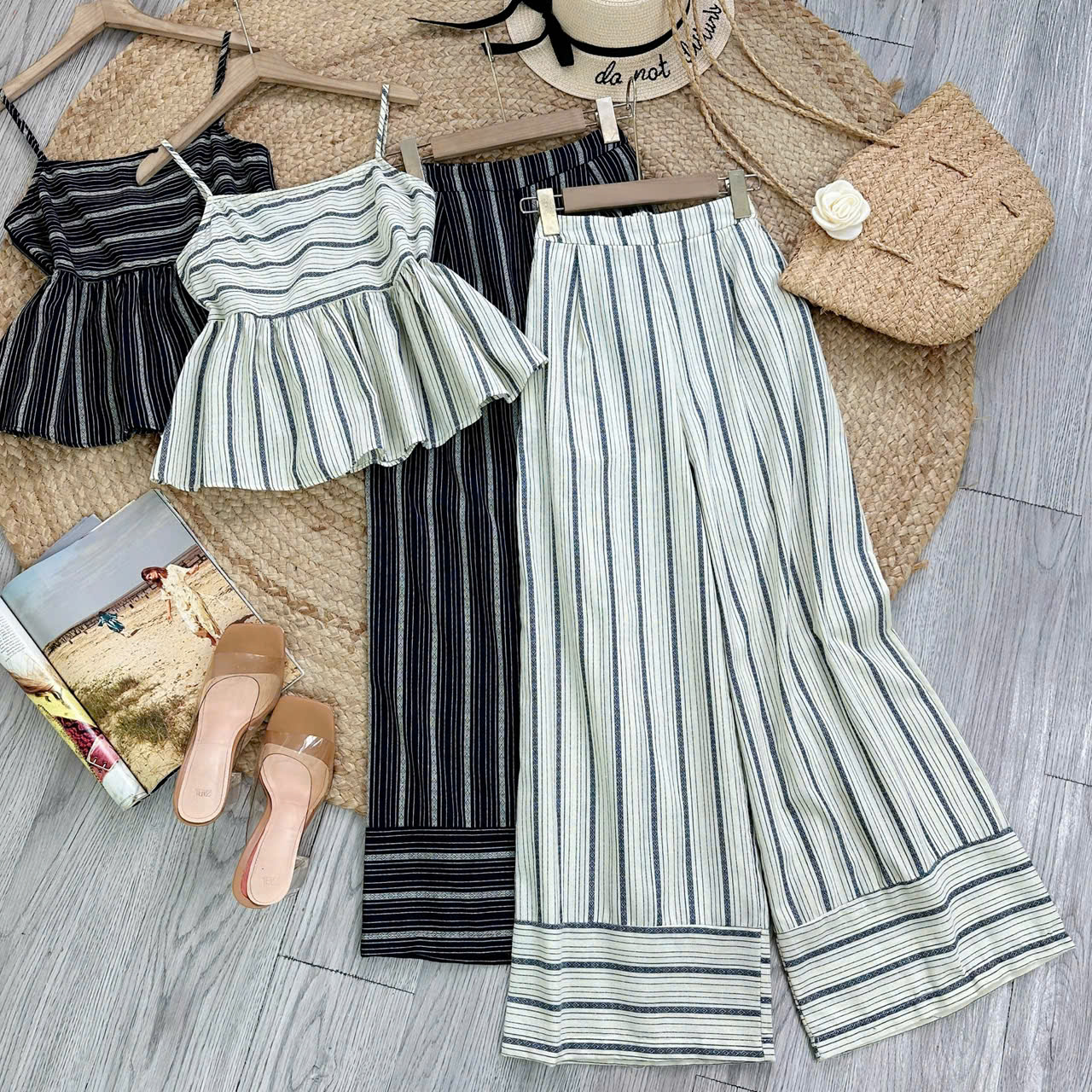 Set Baby Doll Nữ Áo 2 Dây Kèm Quần Ống Suông Dài Chất Cotton Sọc Thổ Cẩm Đi Du Lịch MIMIX - EO3