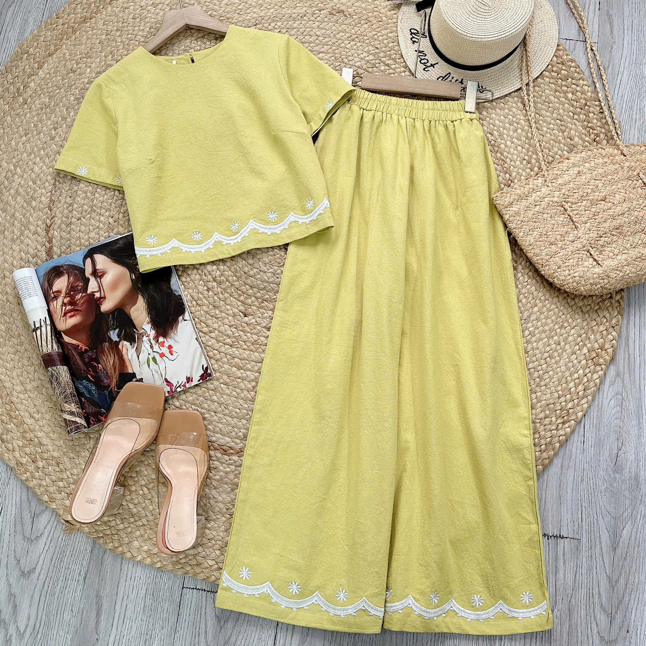 Set Bộ Áo Cổ Tròn Tay Ngắn Mix Quần Dài Thêu Lai Chất Cotton Cara Đi Dạo Phố MIMIX - ET5