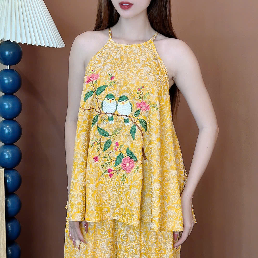 Set Bộ Yếm Áo Thêu Hoa Mix Uyên Ương Và Quần Dáng Dài Chất Lụa Tằm Cao Cấp Đi Dạo MIMIX - EU5