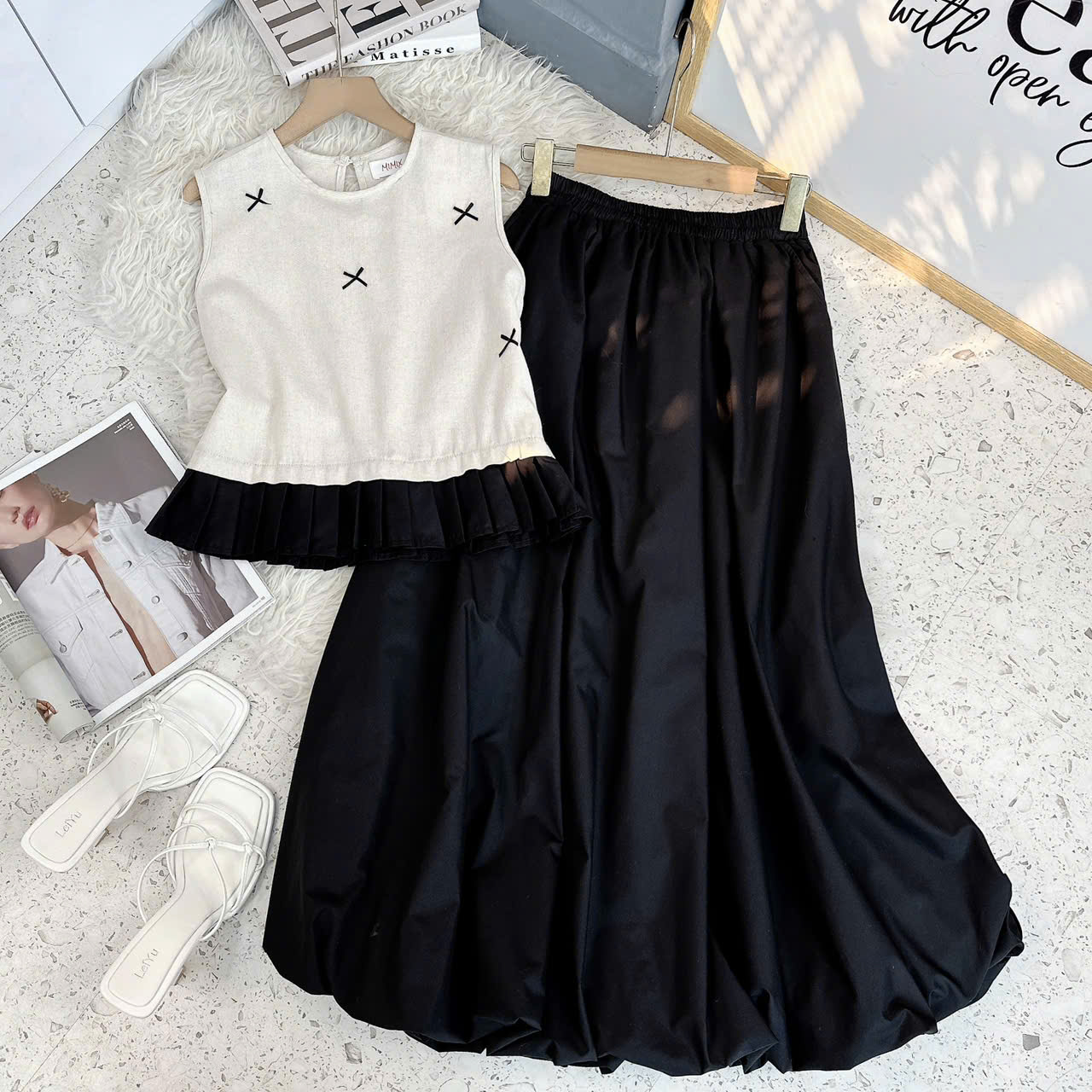 Set Váy Nữ Áo Sát Nách Đính Nơ Mix Chân Váy Bí Dáng Dài Xòe MIMIX Đi Biển - ER2