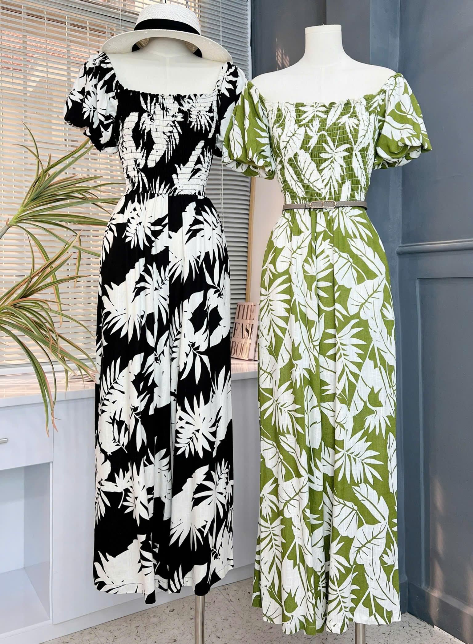 Jumpsuit Nữ Họa Tiết Lá Cổ Vuông Tay Bồng Bo Chun Chất Linen Sợi Tự Nhiên Đi Du Lịch MIMIX - ET6