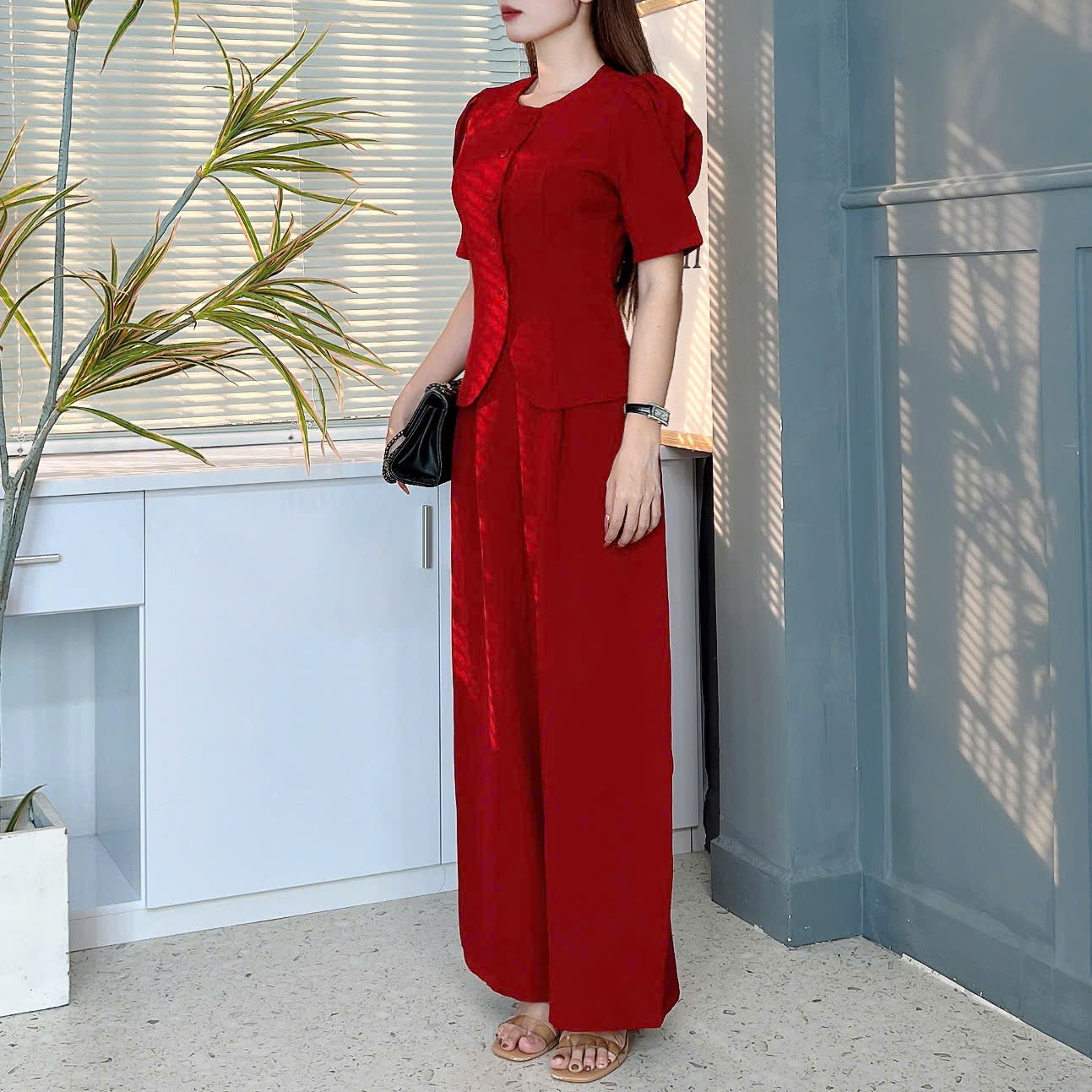 Set Bộ Nữ Áo Vest Tay Lỡ Xếp Ly Mix Quần Dáng Dài Chất Chéo Kim Cương Đi Làm Đi Tiệc MIMIX - EU7