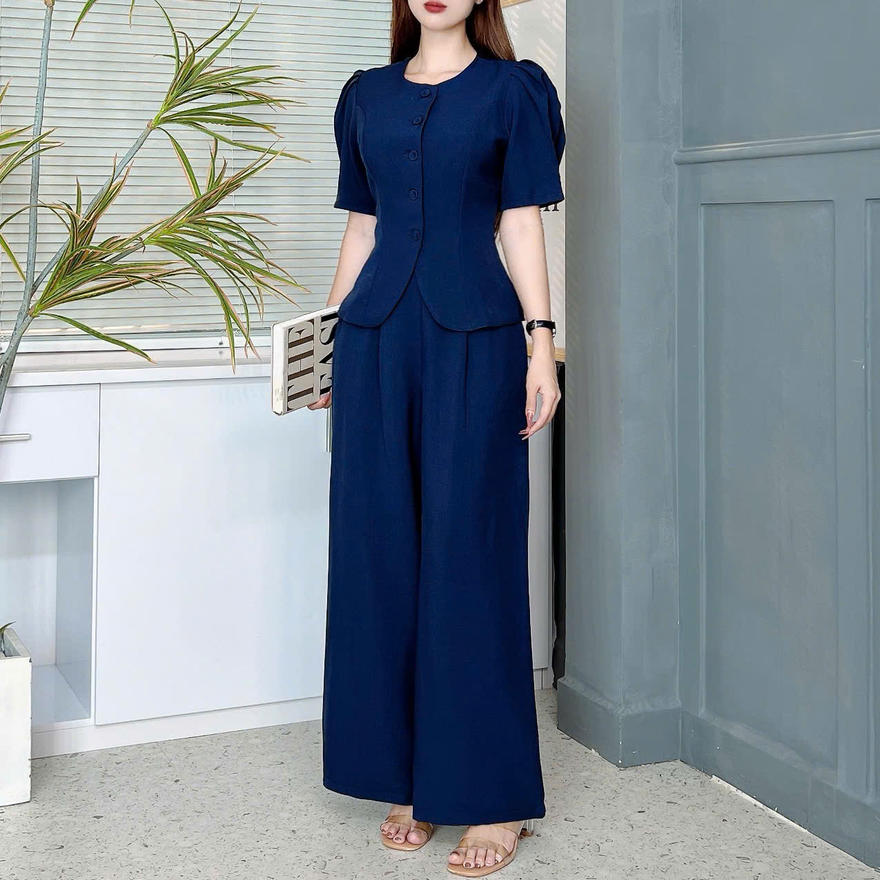 Set Bộ Nữ Áo Vest Tay Lỡ Xếp Ly Mix Quần Dáng Dài Chất Chéo Kim Cương Đi Làm Đi Tiệc MIMIX - EU7