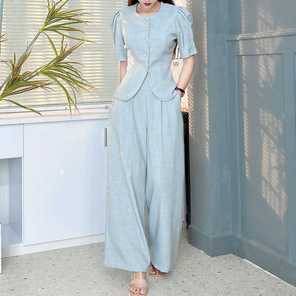 Set Bộ Nữ Áo Vest Tay Lỡ Xếp Ly Mix Quần Dáng Dài Chất Chéo Kim Cương Đi Làm Đi Tiệc MIMIX - EU7