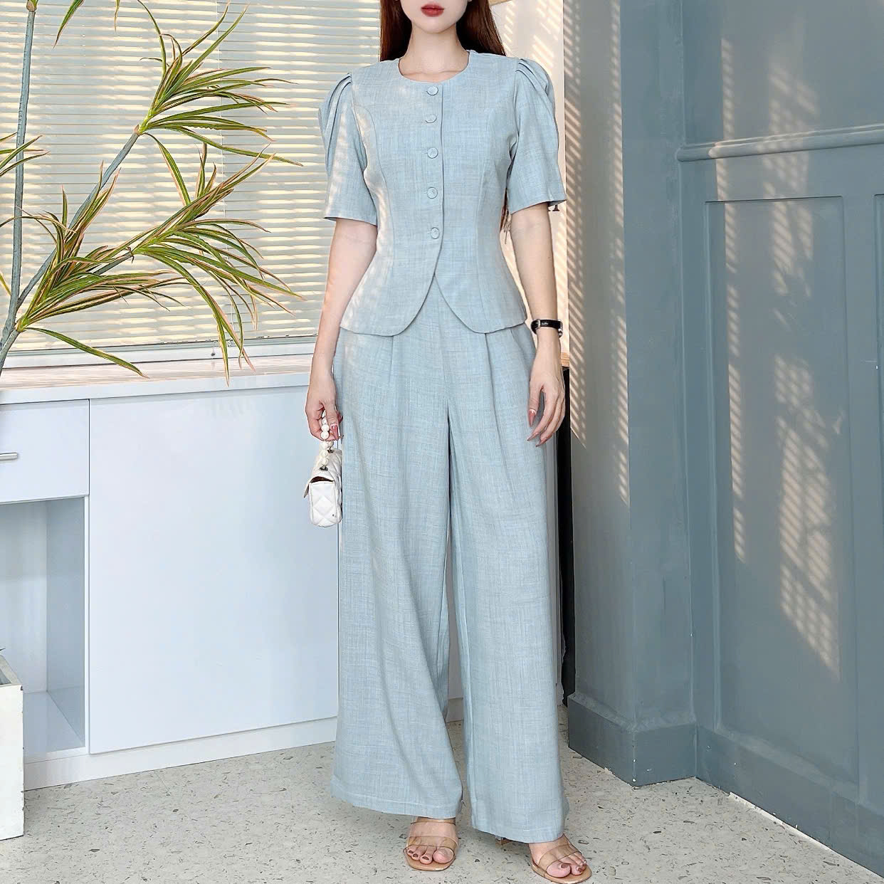 Set Bộ Nữ Áo Vest Tay Lỡ Xếp Ly Mix Quần Dáng Dài Chất Chéo Kim Cương Đi Làm Đi Tiệc MIMIX - EU7