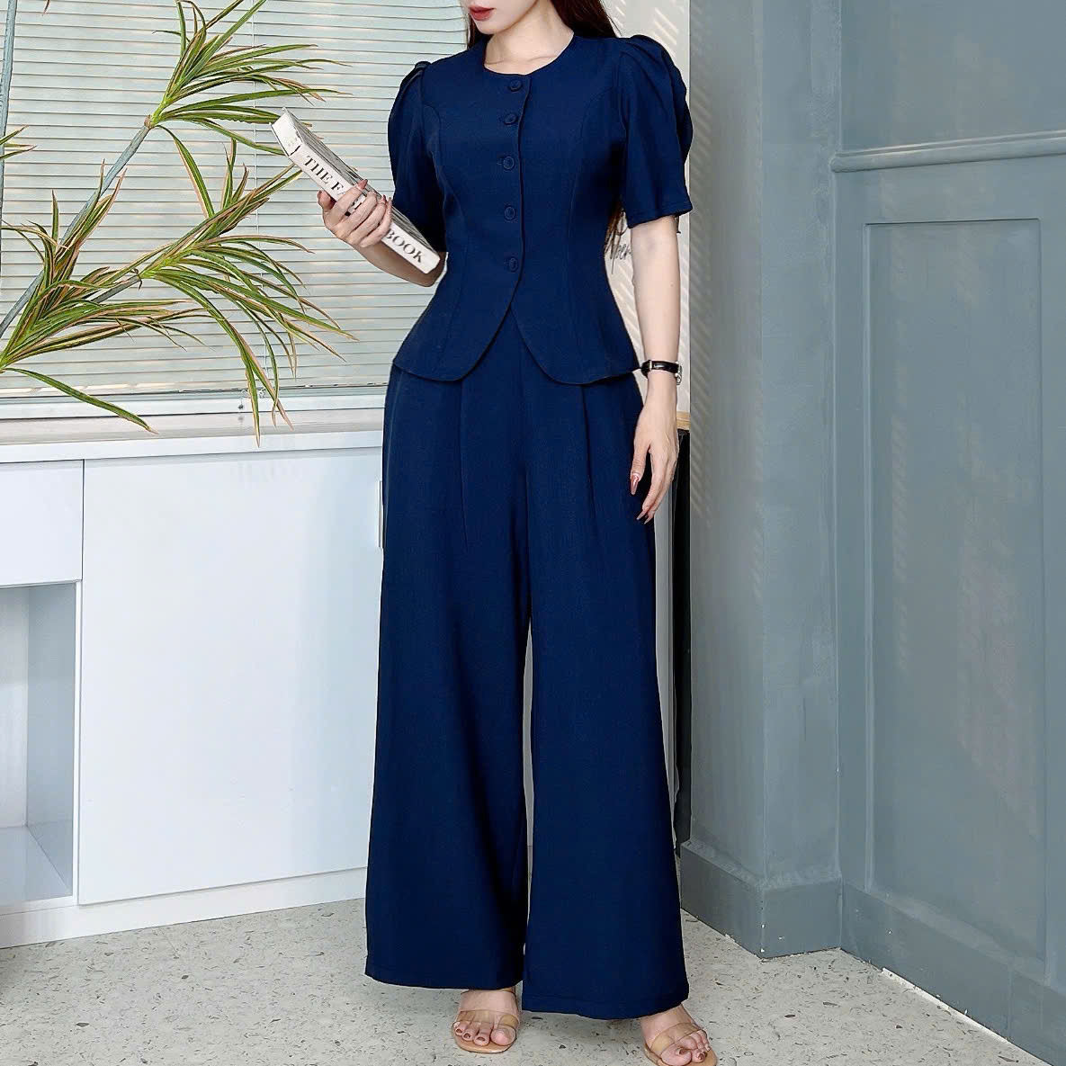 Set Bộ Nữ Áo Vest Tay Lỡ Xếp Ly Mix Quần Dáng Dài Chất Chéo Kim Cương Đi Làm Đi Tiệc MIMIX - EU7