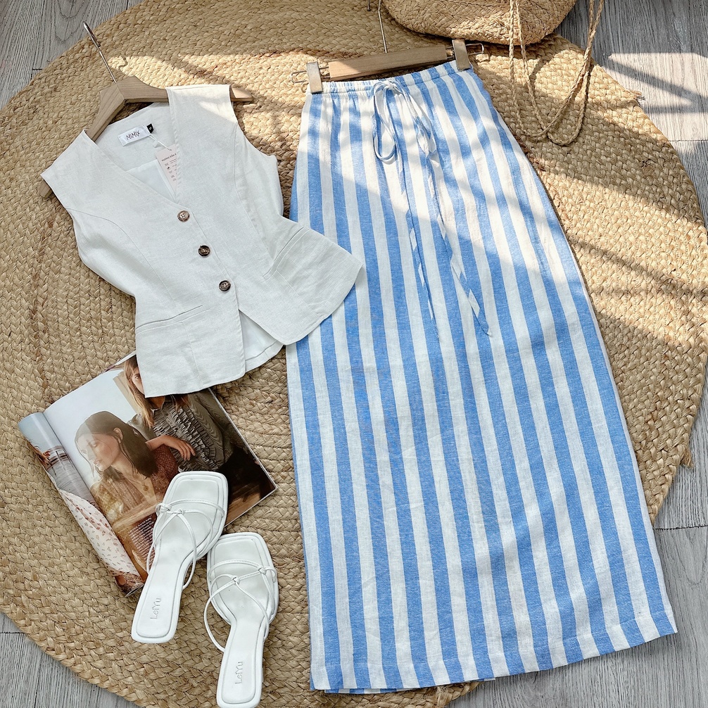 Set Váy Nữ Áo Gile Trơn Mix Chân Váy Dáng Dài Họa Tiết Chất Linen Đi Biển MIMIX - EU8
