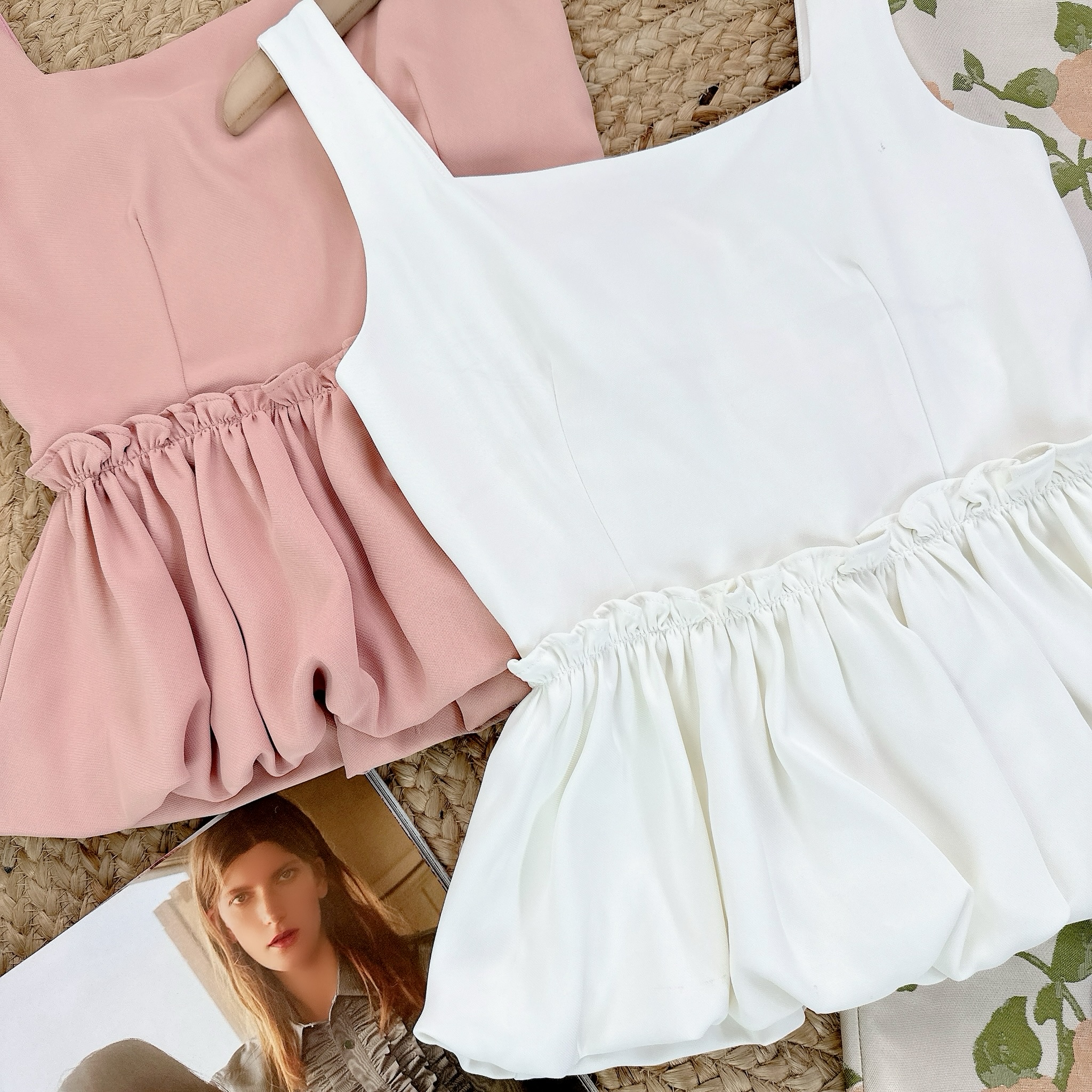 Set Bộ Nữ Áo 2 Dây Peplum Mix Chân Váy Gấm Hoa Dáng Dài Đi Du Lịch MIMIX - EX0