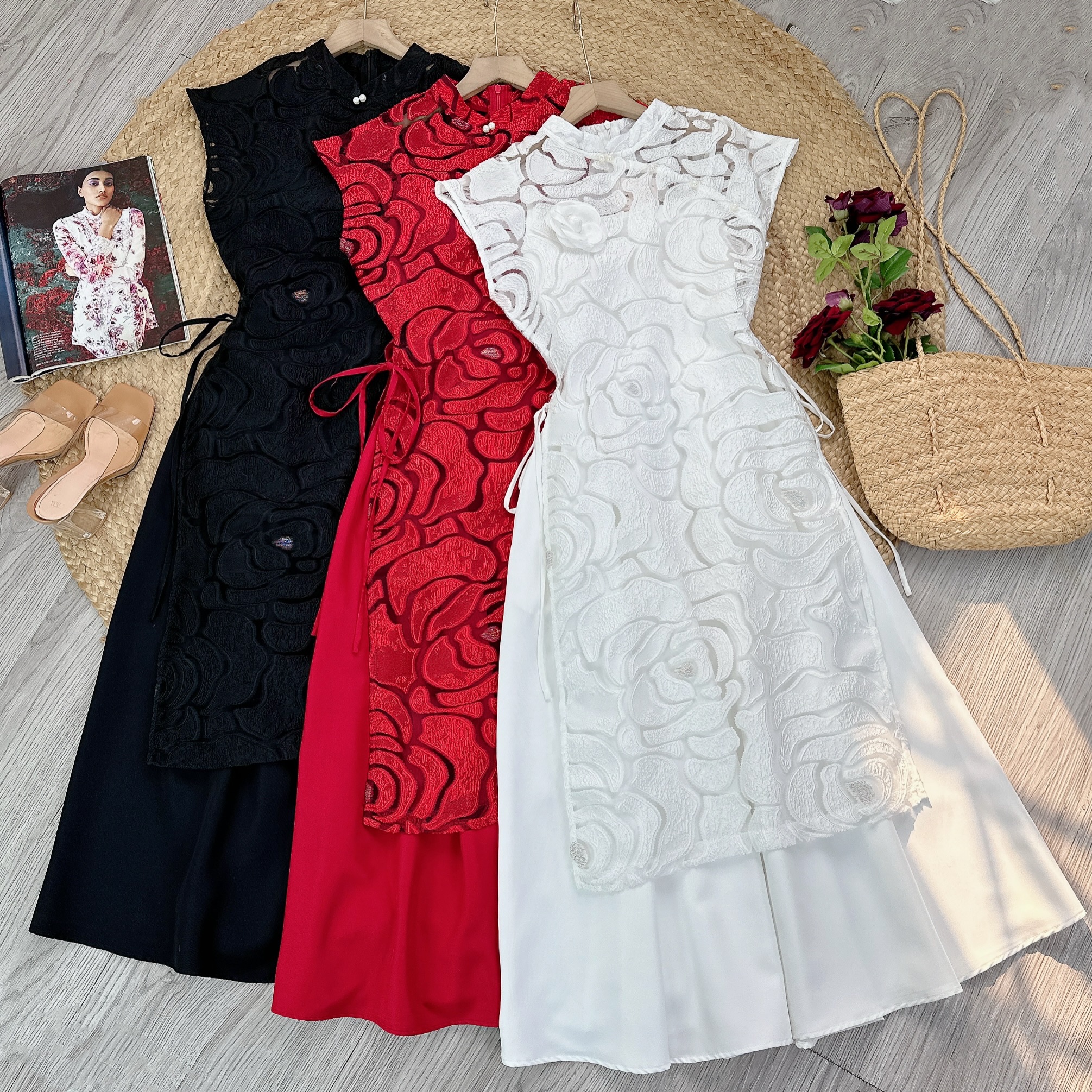 Set Áo Dài Nữ Cách Tân Chất Ren Ép 3D Kèm Đầm 2 Dây Chất Chéo Lụa MIMIX - DW9