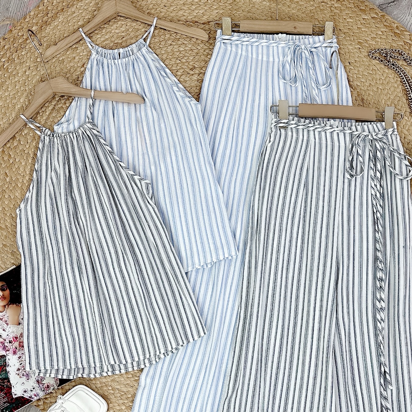 Set Yếm Sọc  Áo Form Yếm Kèm Quần Dáng Dài Chất Linen Kẻ Đi Du Lịch MIMIX - EJ7