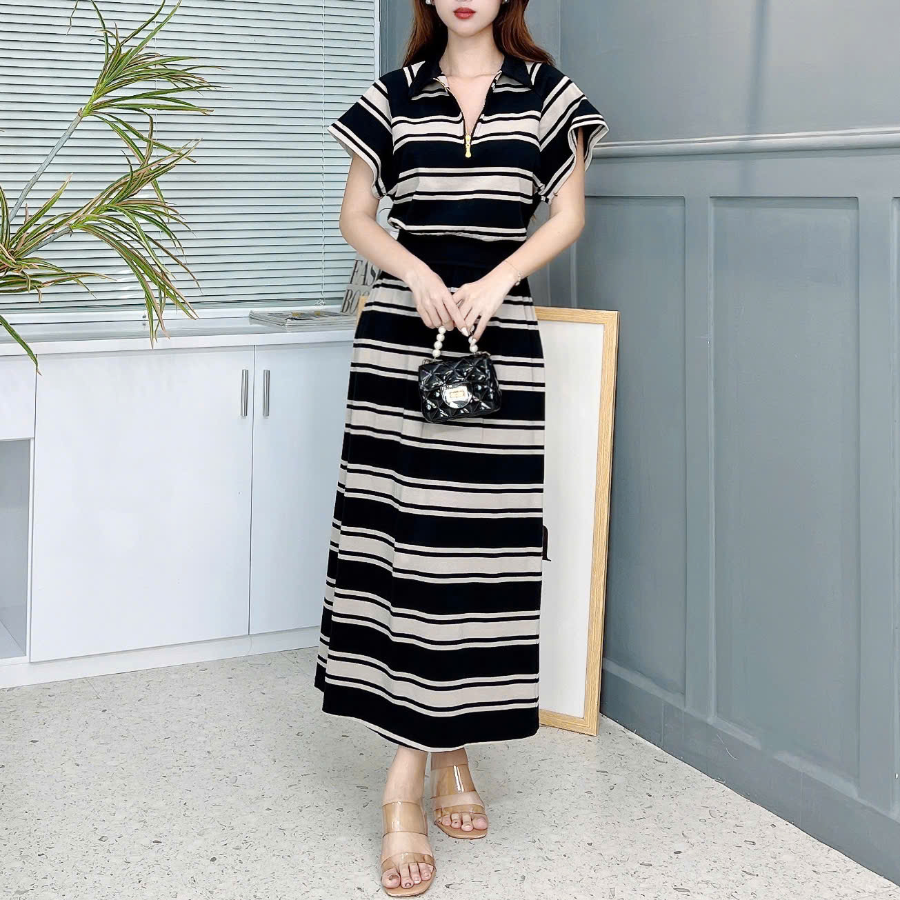 Set Váy Sọc Áo Khóa Kéo Mix Chân Váy Dáng Dài Đi Du Lịch Chất Thun Chéo Xịn QC MIMIX - EV6