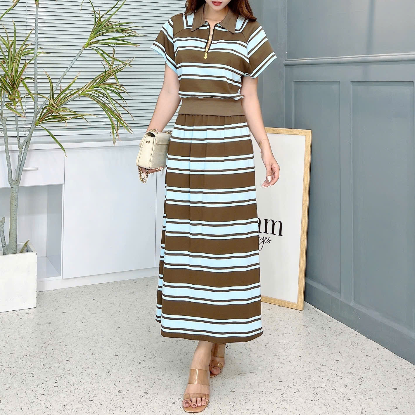 Set Váy Sọc Áo Khóa Kéo Mix Chân Váy Dáng Dài Đi Du Lịch Chất Thun Chéo Xịn QC MIMIX - EV6