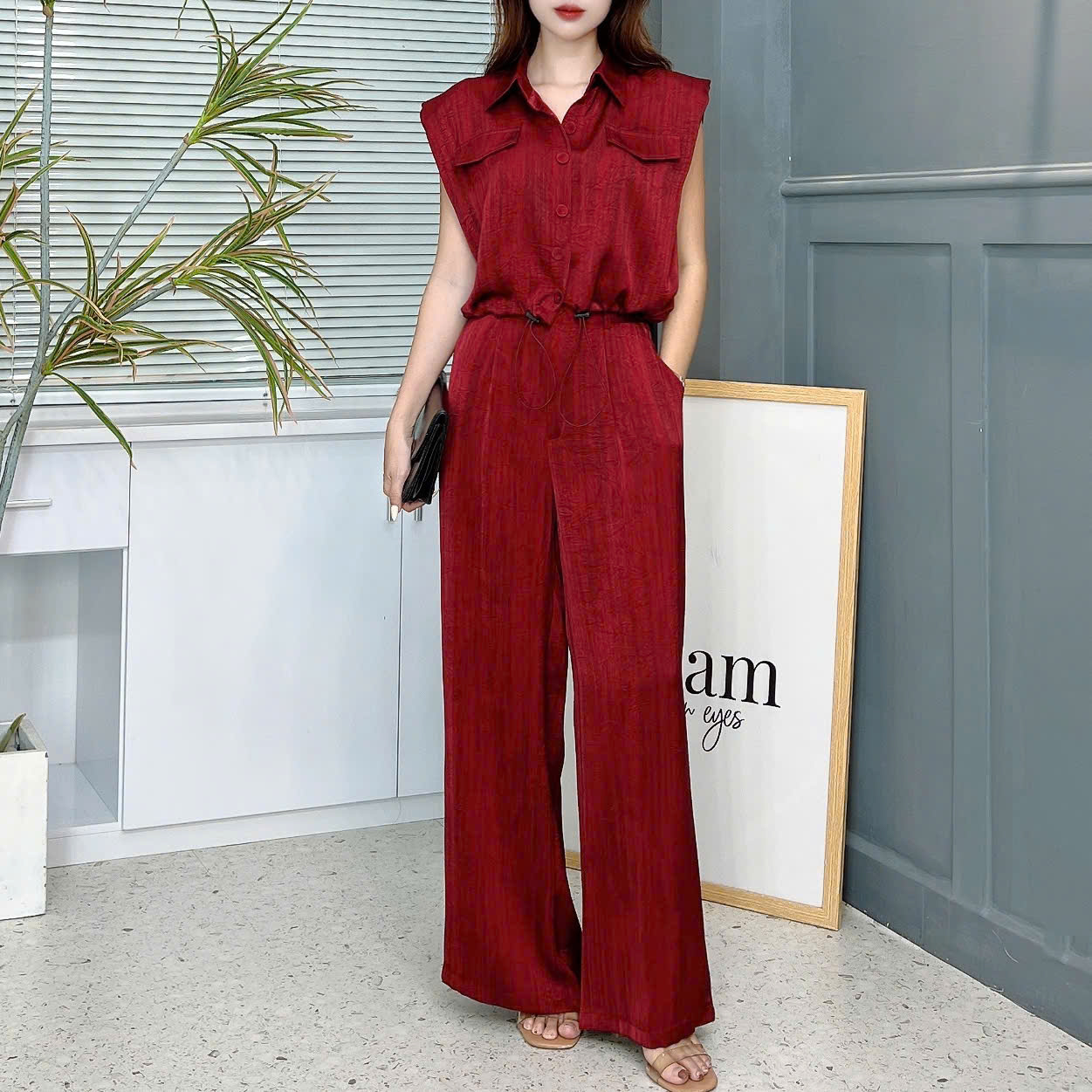 Set Bộ Nữ Áo Độn Vai Rút Eo Mix Quần Dáng Dài Chất Lụa Tô Châu Đi Làm Đi Chơi MIMIX - EW1