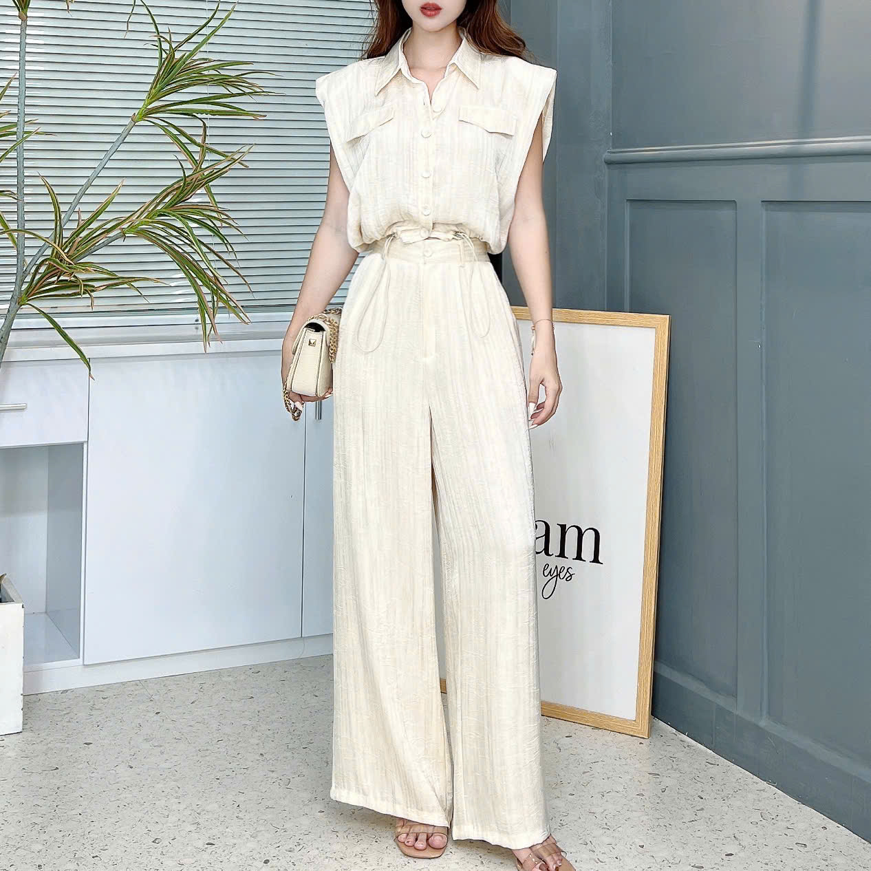 Set Bộ Nữ Áo Độn Vai Rút Eo Mix Quần Dáng Dài Chất Lụa Tô Châu Đi Làm Đi Chơi MIMIX - EW1