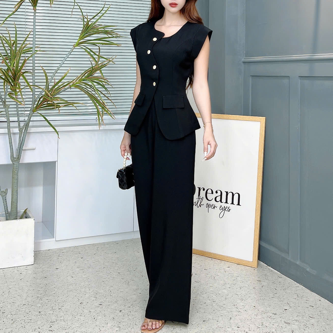 Set Bộ Vest Áo Đệm Vai Nút Lệch Mix Quần Dáng Suông Dài Chất Chéo Kim Cương Công Sở MIMIX - EV4