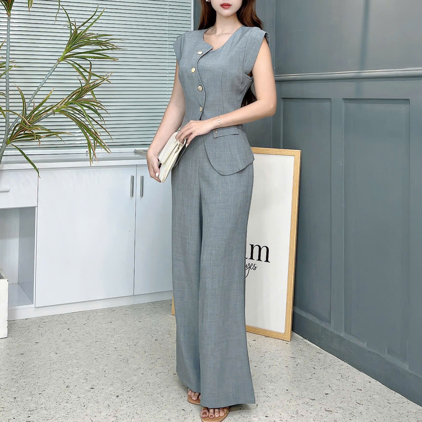 Set Bộ Vest Áo Đệm Vai Nút Lệch Mix Quần Dáng Suông Dài Chất Chéo Kim Cương Công Sở MIMIX - EV4