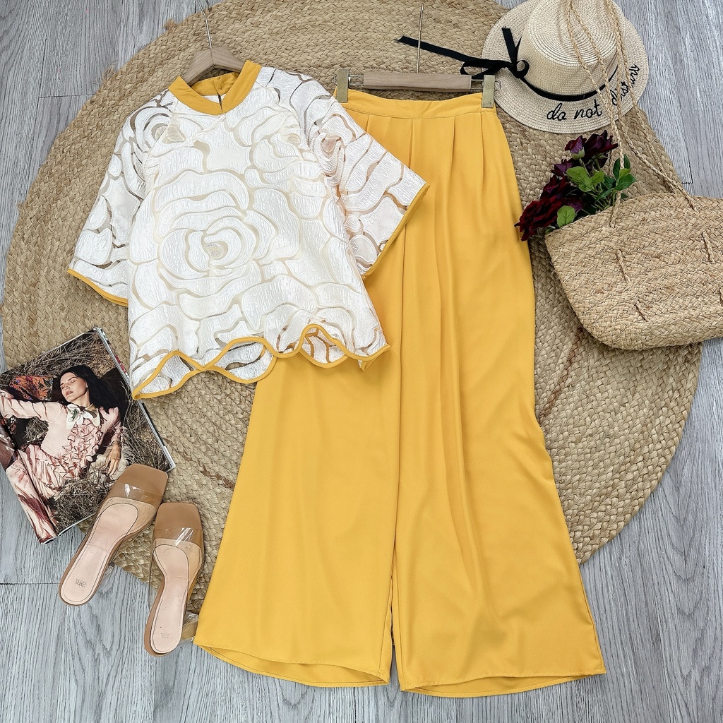 Set Bộ Nữ Áo Cổ Tàu Viền Lượng Sóng Mix Quần Dáng Dài Đi Du Lịch MIMIX - EW3
