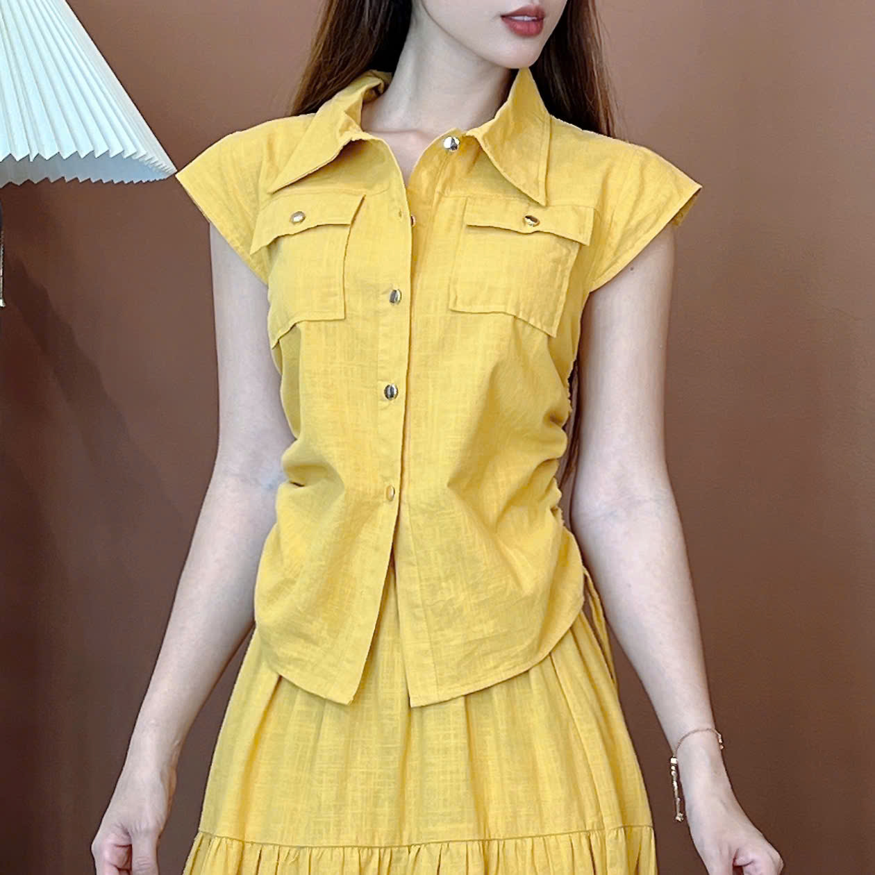Set Váy Áo Sơ Mi Rút Dây Mix Chân Váy Dáng Dài Xòe Chất Linen Gân Đi Làm Đi Dạo MIMIX - EW2
