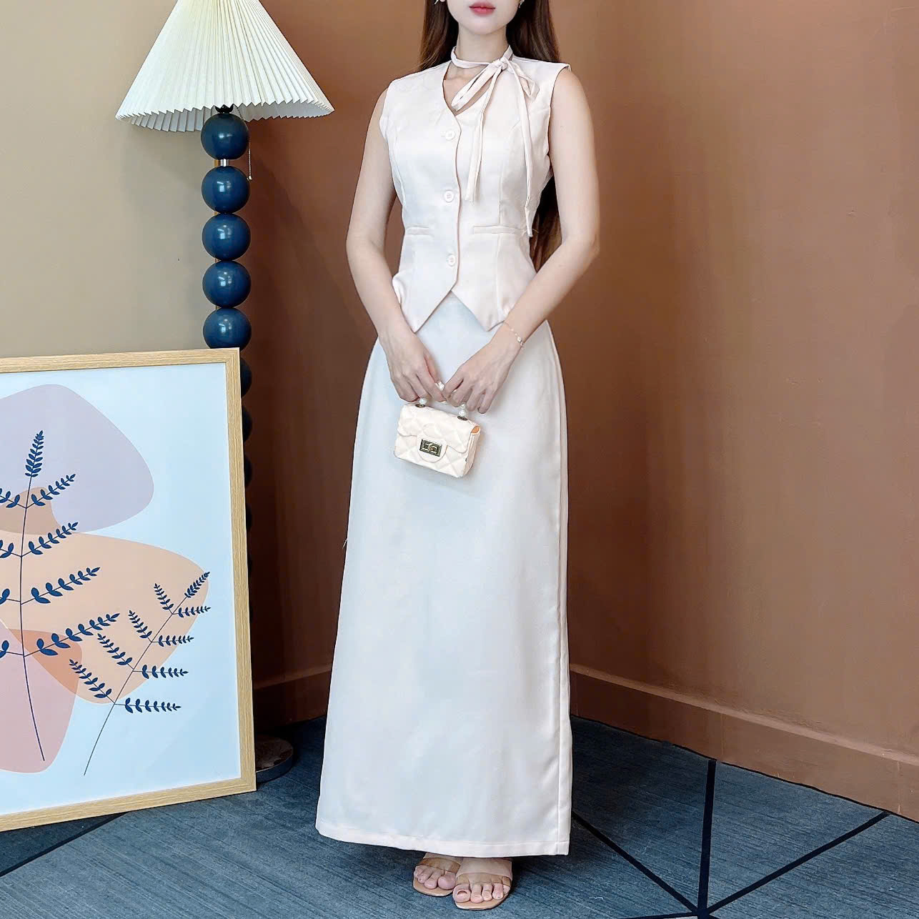 Set Váy Nữ Áo Gile Mix Chân Váy Dáng Suông Dài Phối Xẻ Tà Chất Tweet Chéo Mỏng Công Sở MIMIX - EW5