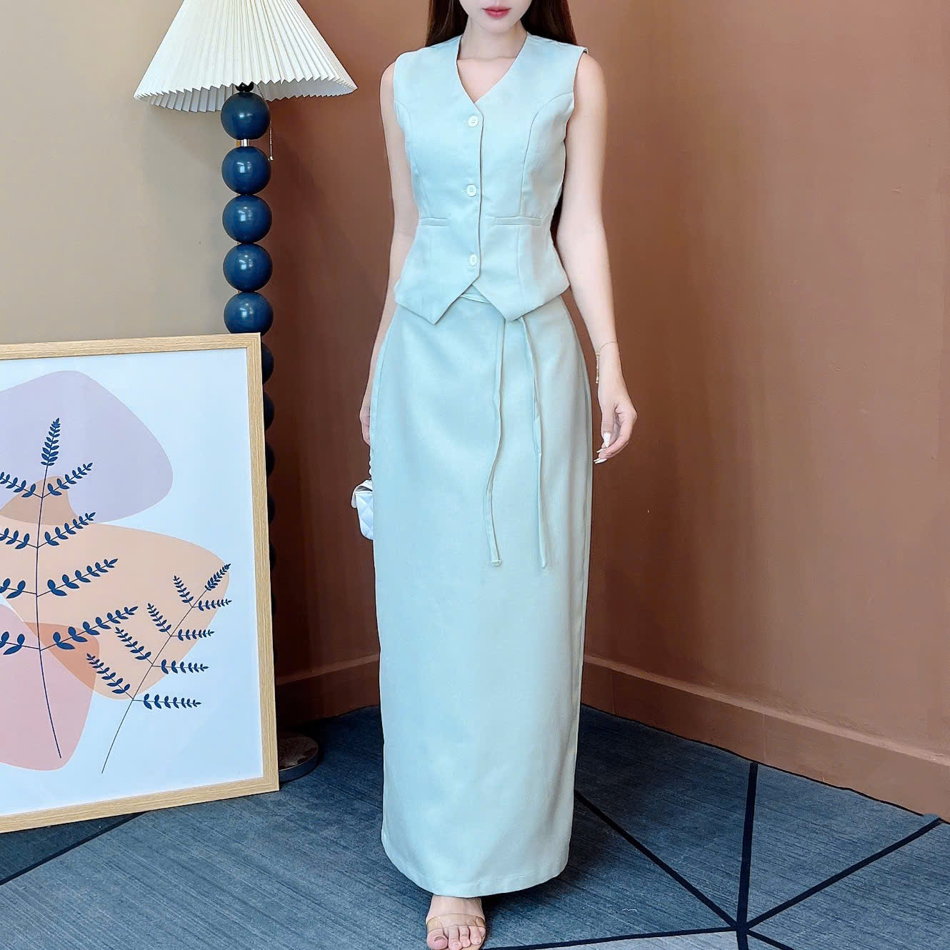 Set Váy Nữ Áo Gile Mix Chân Váy Dáng Suông Dài Phối Xẻ Tà Chất Tweet Chéo Mỏng Công Sở MIMIX - EW5