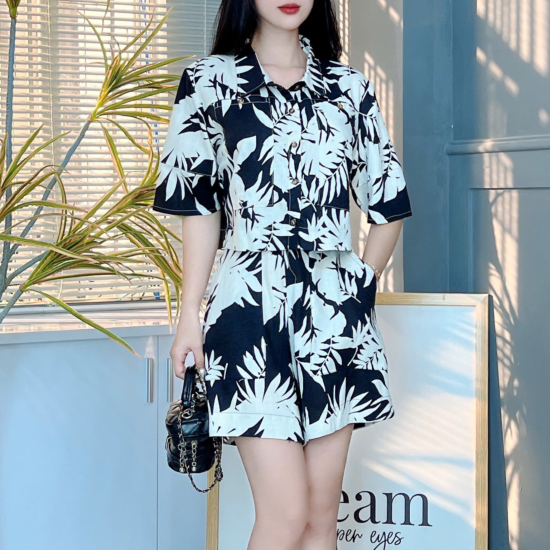 Set Short Nữ Áo Sơ Mi Tay Ngắn Mix Quần Ngắn Chất Linen Cotton Đi Biển MIMIX - EX8