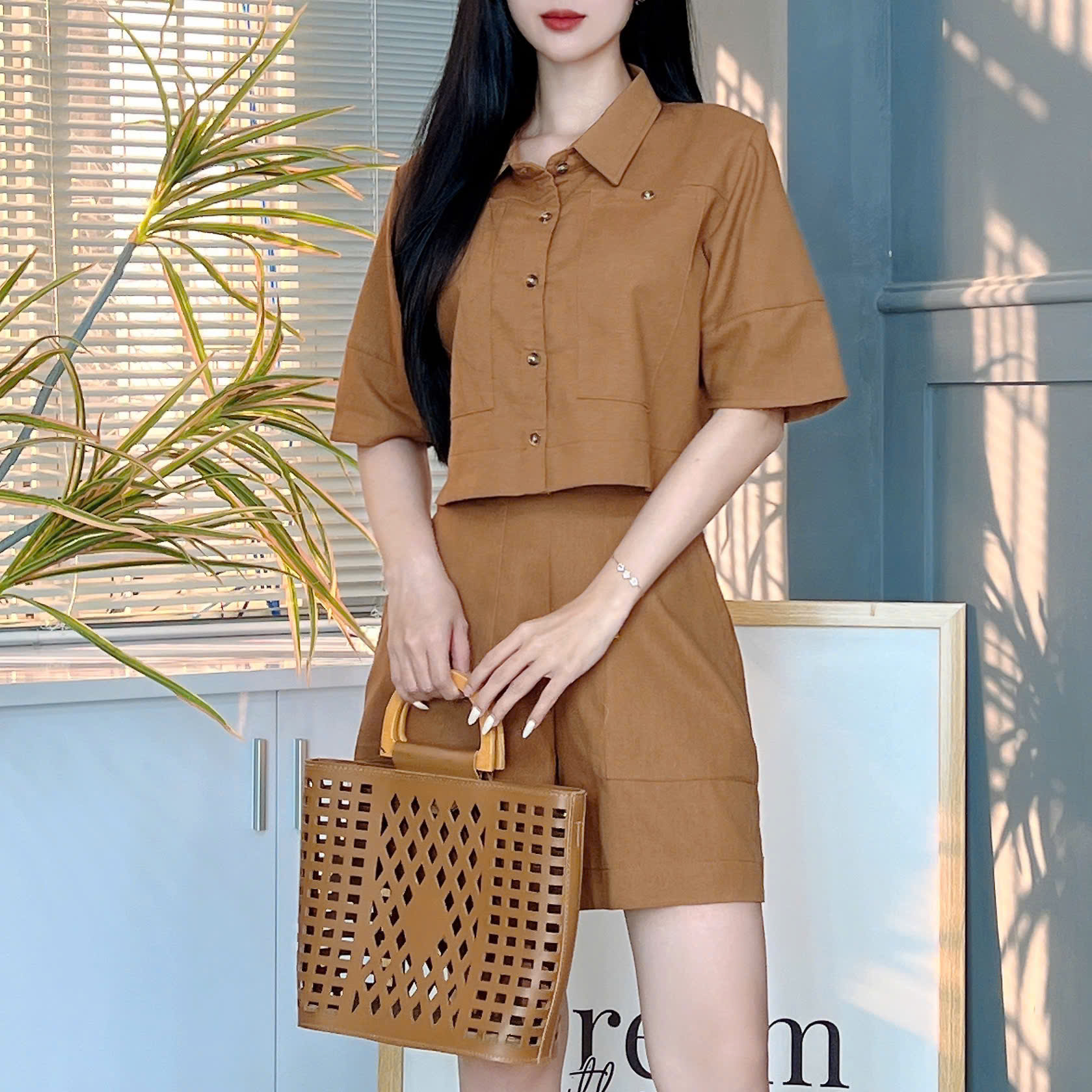 Set Short Nữ Áo Sơ Mi Tay Ngắn Mix Quần Ngắn Chất Linen Cotton Đi Biển MIMIX - EX8