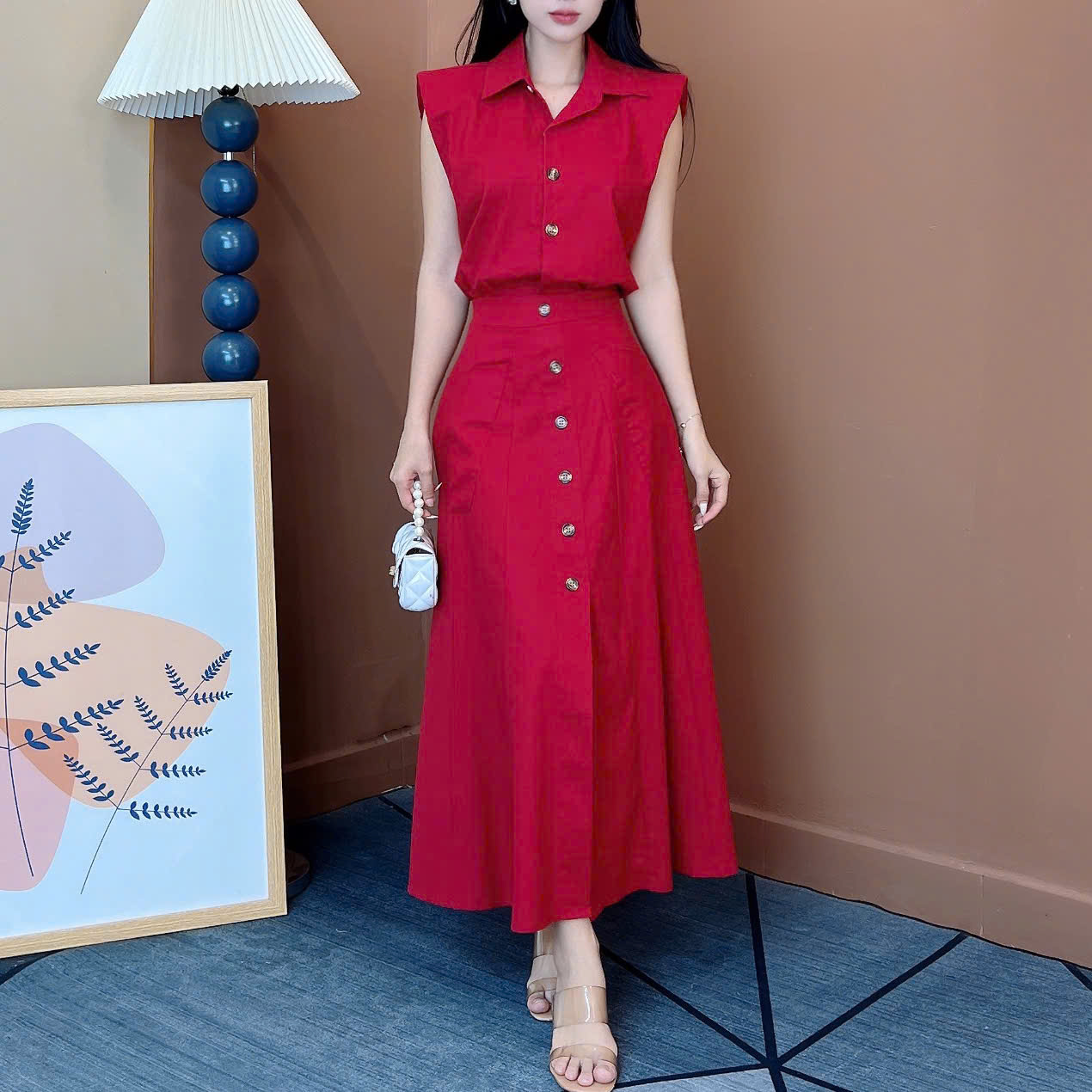 Set Váy Nữ Áo Sát Nách Mix Chân Váy Đính Nút Chất Linen Bột Đi Làm Đi Tiệc MIMIX - EX3