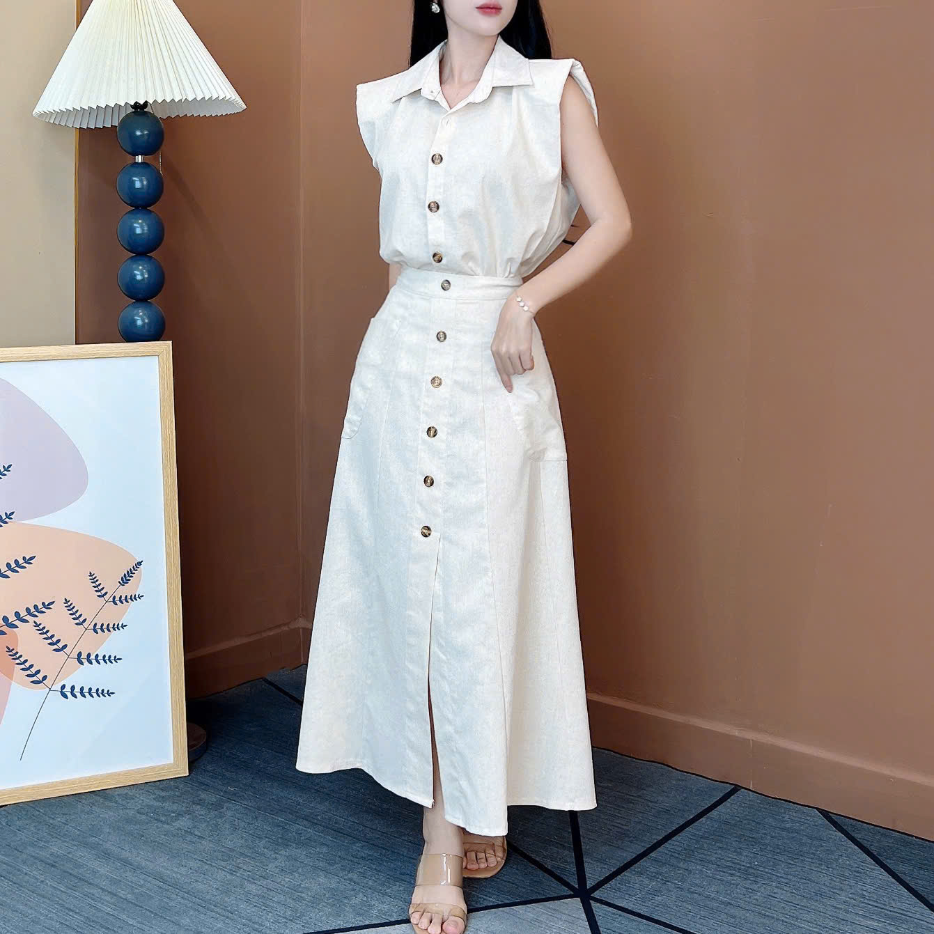 Set Váy Nữ Áo Sát Nách Mix Chân Váy Đính Nút Chất Linen Bột Đi Làm Đi Tiệc MIMIX - EX3