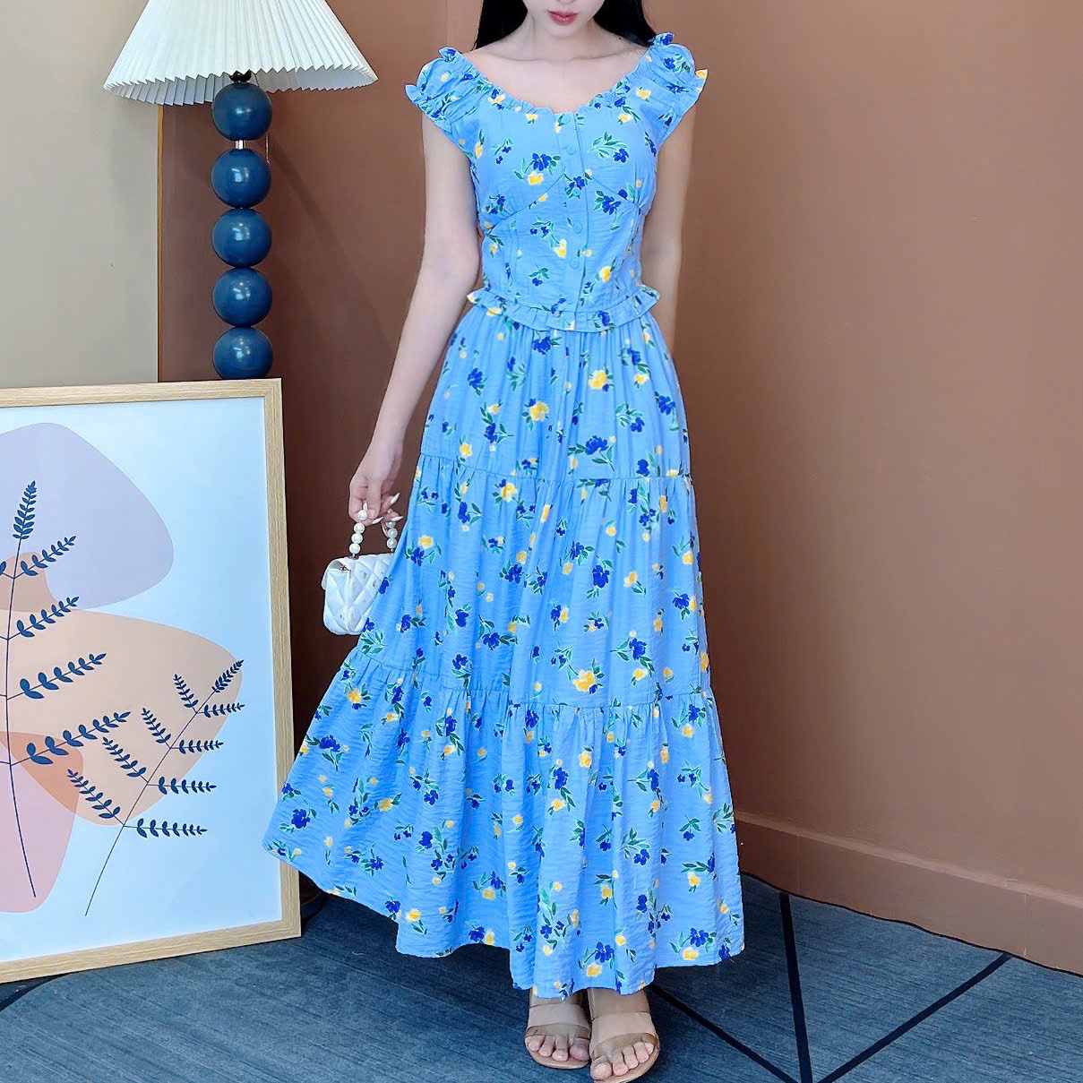 Set Váy Nữ Áo Lưng Bo Thun Mix Chân Váy Hoa Dáng Dài Chất Linen Ướt Đi Biển MIMIX - EW8