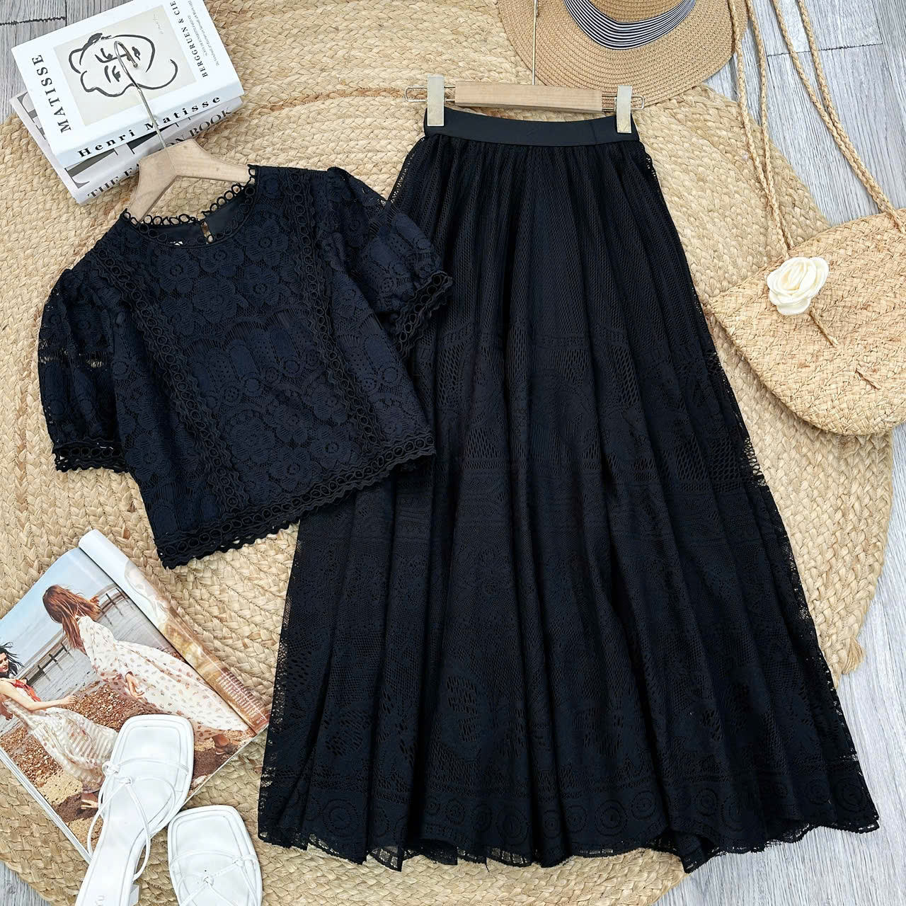 Set Váy Nữ Áo Viền Ren Mix Chân Váy Dáng Dài Xòe Chất Ren Đi Làm Đi Tiệc MIMIX - EZ0